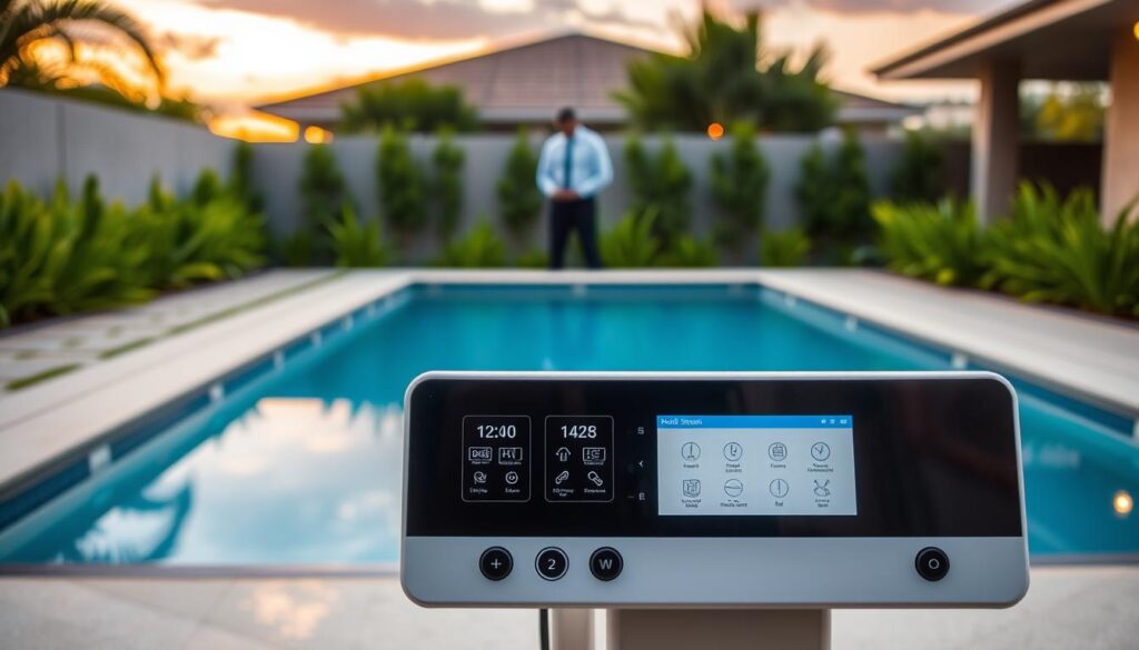 A modern pool automation system showcased in a sleek and stylish backyard setting typical of Pretoria homes. In the foreground, there is a high-tech control panel displaying user-friendly digital interfaces and intuitive buttons, set against a backdrop of a stunning swimming pool with clear blue water. Lush greenery surrounds the pool, capturing the essence of a tranquil outdoor environment. In the middle ground, a technician in professional attire is adjusting the system, exuding a sense of expertise and reliability. The background features a sunset sky with warm hues, casting soft, inviting light over the scene. The mood is calm and sophisticated, embodying the convenience and innovation of smart pool technology. A modern pool automation system showcased in a sleek and stylish backyard setting typical of Pretoria homes. In the foreground, there is a high-tech control panel displaying user-friendly digital interfaces and intuitive buttons, set against a backdrop of a stunning swimming pool with clear blue water. Lush greenery surrounds the pool, capturing the essence of a tranquil outdoor environment. In the middle ground, a technician in professional attire is adjusting the system, exuding a sense of expertise and reliability. The background features a sunset sky with warm hues, casting soft, inviting light over the scene. The mood is calm and sophisticated, embodying the convenience and innovation of smart pool technology.