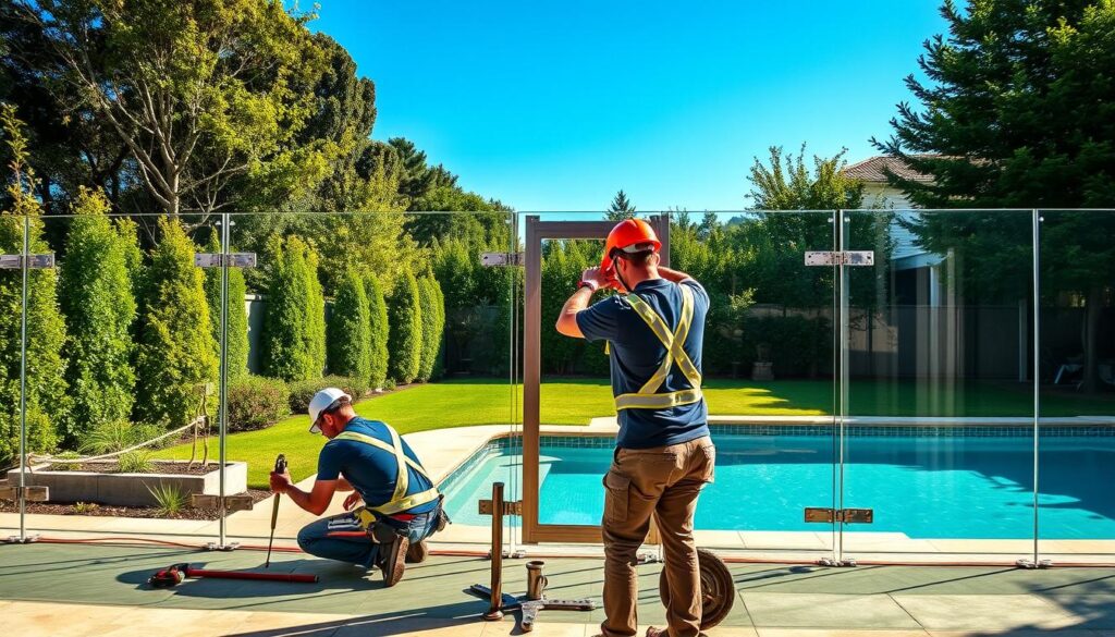 A modern pool fencing installation in a residential backyard setting, featuring a sturdy yet elegant glass fence that offers unobstructed views of the crystal-clear water. In the foreground, a team of two professional installers, dressed in safety gear and casual work attire, carefully measures and aligns the fence panels with precision tools. The middle ground showcases the partially installed fence, highlighting the attention to detail in the fittings and gate mechanisms. In the background, lush greenery and a well-maintained lawn create a serene atmosphere, bathed in warm afternoon sunlight. A clear blue sky adds to the overall peacefulness of the scene, emphasizing the importance of child safety around swimming pools. The image conveys professionalism, safety, and quality craftsmanship. A modern pool fencing installation in a residential backyard setting, featuring a sturdy yet elegant glass fence that offers unobstructed views of the crystal-clear water. In the foreground, a team of two professional installers, dressed in safety gear and casual work attire, carefully measures and aligns the fence panels with precision tools. The middle ground showcases the partially installed fence, highlighting the attention to detail in the fittings and gate mechanisms. In the background, lush greenery and a well-maintained lawn create a serene atmosphere, bathed in warm afternoon sunlight. A clear blue sky adds to the overall peacefulness of the scene, emphasizing the importance of child safety around swimming pools. The image conveys professionalism, safety, and quality craftsmanship.
