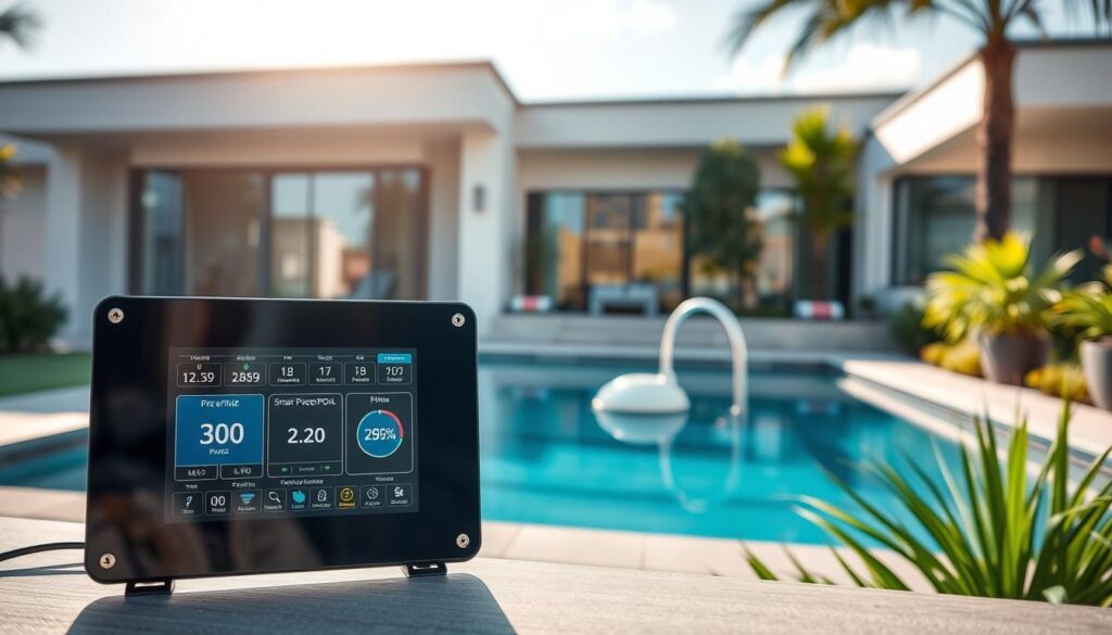 A modern pool pump automation and smart control setup displayed in a sleek outdoor environment, showcasing advanced technology. In the foreground, a digital control panel with a touchscreen interface, displaying real-time data on energy consumption and water quality. In the middle, an elegantly designed pool pump system with clear, organized tubing and wiring, surrounded by lush greenery and well-maintained landscaping. The background features a stylish, contemporary home with large windows reflecting the vibrant city of Pretoria, under a bright, sunny sky. Soft natural lighting enhances the atmosphere of innovation and sophistication, while a slight depth of field focus highlights the control panel, conveying a mood of efficiency and modernity in pool ownership. A modern pool pump automation and smart control setup displayed in a sleek outdoor environment, showcasing advanced technology. In the foreground, a digital control panel with a touchscreen interface, displaying real-time data on energy consumption and water quality. In the middle, an elegantly designed pool pump system with clear, organized tubing and wiring, surrounded by lush greenery and well-maintained landscaping. The background features a stylish, contemporary home with large windows reflecting the vibrant city of Pretoria, under a bright, sunny sky. Soft natural lighting enhances the atmosphere of innovation and sophistication, while a slight depth of field focus highlights the control panel, conveying a mood of efficiency and modernity in pool ownership.