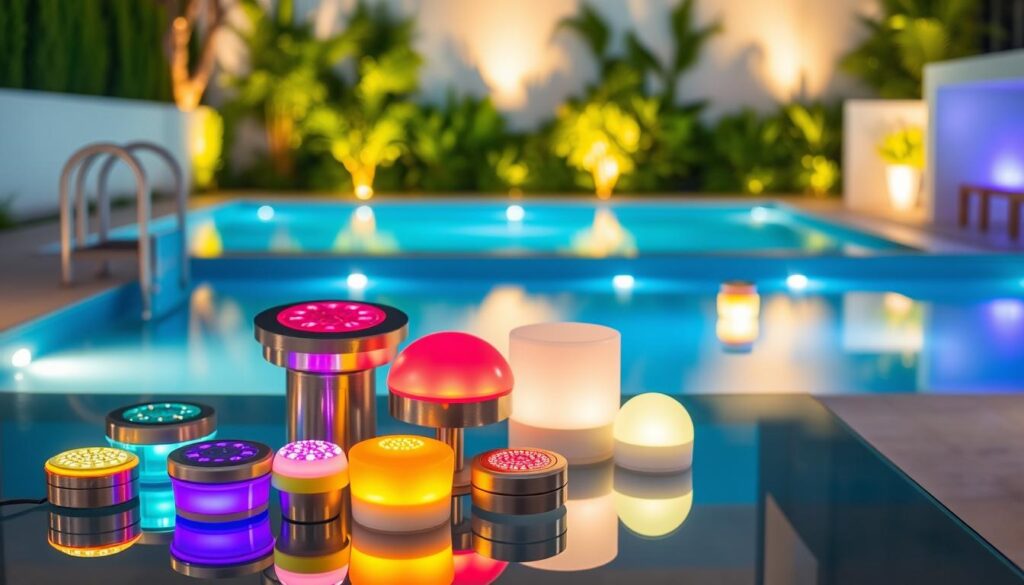 A modern pool scene showcasing a variety of LED pool products. In the foreground, an assortment of colorful LED pool lights, including underwater lights, floating lanterns, and wall-mounted fixtures, displayed elegantly on a sleek glass table. The middle ground features a beautifully lit swimming pool with vibrant blue water reflecting the soft glow of the LEDs, creating a serene atmosphere. In the background, lush greenery surrounds the pool area, illuminated by the warm, inviting glow of the LEDs, accentuating the outdoor space. Use a soft focus lens to capture the tranquil ambiance, with gentle lighting that enhances the colors of the lights. The overall mood is sophisticated and relaxing, perfect for a luxurious pool setting. A modern pool scene showcasing a variety of LED pool products. In the foreground, an assortment of colorful LED pool lights, including underwater lights, floating lanterns, and wall-mounted fixtures, displayed elegantly on a sleek glass table. The middle ground features a beautifully lit swimming pool with vibrant blue water reflecting the soft glow of the LEDs, creating a serene atmosphere. In the background, lush greenery surrounds the pool area, illuminated by the warm, inviting glow of the LEDs, accentuating the outdoor space. Use a soft focus lens to capture the tranquil ambiance, with gentle lighting that enhances the colors of the lights. The overall mood is sophisticated and relaxing, perfect for a luxurious pool setting.