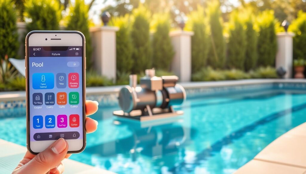 A modern smartphone displaying a user-friendly app interface for pool management, positioned prominently in the foreground. The app screen showcases features like temperature control, scheduling, and water quality monitoring, with vibrant icons and an intuitive layout. In the middle ground, a sleek pool pump system is elegantly designed, with polished metallic elements and subtle LED indicators. The background features a well-maintained backyard pool area under soft, inviting afternoon sunlight, creating a relaxing atmosphere. The overall scene is bright and cheerful, emphasizing the convenience and smart control of pool maintenance. For added detail, include lush greenery bordering the pool and decorative lighting fixtures. The composition is balanced, conveying a sense of innovative technology enhancing outdoor leisure. A modern smartphone displaying a user-friendly app interface for pool management, positioned prominently in the foreground. The app screen showcases features like temperature control, scheduling, and water quality monitoring, with vibrant icons and an intuitive layout. In the middle ground, a sleek pool pump system is elegantly designed, with polished metallic elements and subtle LED indicators. The background features a well-maintained backyard pool area under soft, inviting afternoon sunlight, creating a relaxing atmosphere. The overall scene is bright and cheerful, emphasizing the convenience and smart control of pool maintenance. For added detail, include lush greenery bordering the pool and decorative lighting fixtures. The composition is balanced, conveying a sense of innovative technology enhancing outdoor leisure.