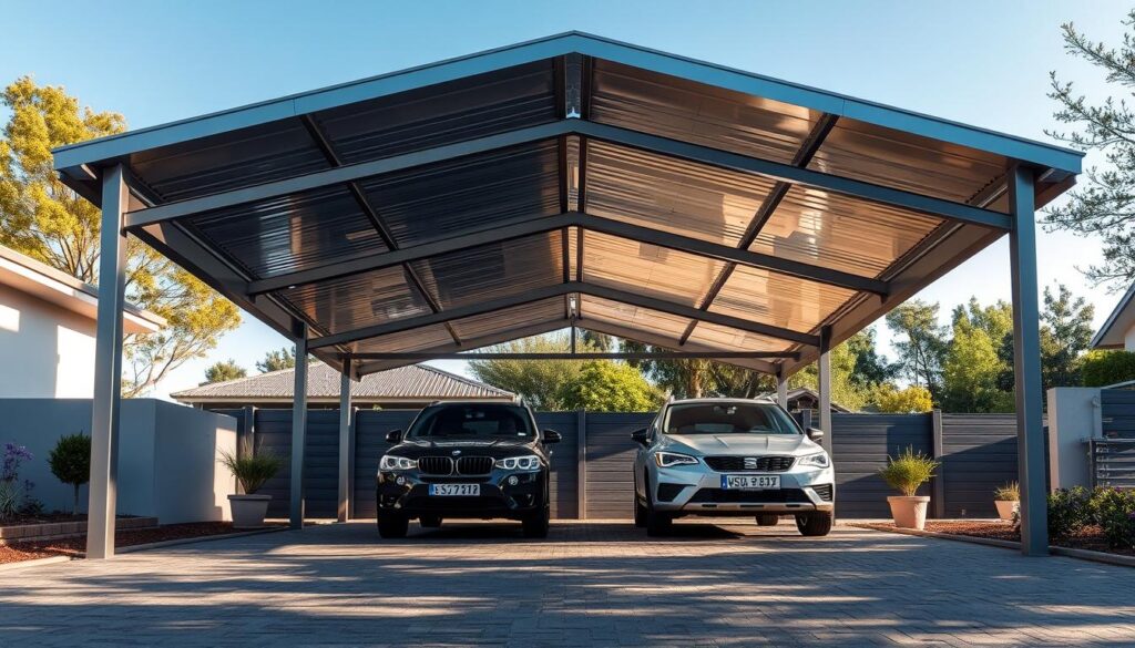 A modern steel frame carport designed for residential use in Pretoria. The carport is spacious, showcasing its size with room for two vehicles, featuring a gabled roof with sleek, angular lines. The foreground includes a well-maintained driveway with a few decorative potted plants. In the middle, the steel frame carport stands proudly, reflecting the sunlight with a polished finish. The background shows a suburban landscape with a variety of trees and a clear blue sky, creating a warm and inviting atmosphere. Soft natural lighting enhances the carport's structure, while a low-angle shot captures its impressive height and design details. Overall, the scene conveys durability and professionalism, suitable for showcasing building services. A modern steel frame carport designed for residential use in Pretoria. The carport is spacious, showcasing its size with room for two vehicles, featuring a gabled roof with sleek, angular lines. The foreground includes a well-maintained driveway with a few decorative potted plants. In the middle, the steel frame carport stands proudly, reflecting the sunlight with a polished finish. The background shows a suburban landscape with a variety of trees and a clear blue sky, creating a warm and inviting atmosphere. Soft natural lighting enhances the carport's structure, while a low-angle shot captures its impressive height and design details. Overall, the scene conveys durability and professionalism, suitable for showcasing building services.