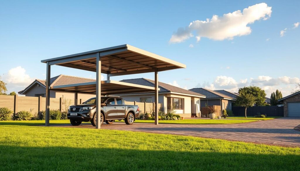 A modern steel frame carport in a suburban Pretoria setting, showcasing its sturdy and durable structure. In the foreground, the carport is elegantly designed, featuring clean lines and a sleek finish. On one side, a well-maintained vehicle is parked, highlighting the protection offered by the carport. In the middle ground, lush green grass and a well-manicured garden complement the carport, while a neat driveway leads up to it. In the background, a clear blue sky enhances the scene, with a few fluffy clouds drifting by. The lighting is warm and inviting, suggesting a sunny afternoon. The atmosphere is one of quality and reliability, reflecting long-term value for property owners. The angle is slightly elevated, providing a comprehensive view of the carport's features without any distractions. A modern steel frame carport in a suburban Pretoria setting, showcasing its sturdy and durable structure. In the foreground, the carport is elegantly designed, featuring clean lines and a sleek finish. On one side, a well-maintained vehicle is parked, highlighting the protection offered by the carport. In the middle ground, lush green grass and a well-manicured garden complement the carport, while a neat driveway leads up to it. In the background, a clear blue sky enhances the scene, with a few fluffy clouds drifting by. The lighting is warm and inviting, suggesting a sunny afternoon. The atmosphere is one of quality and reliability, reflecting long-term value for property owners. The angle is slightly elevated, providing a comprehensive view of the carport's features without any distractions.