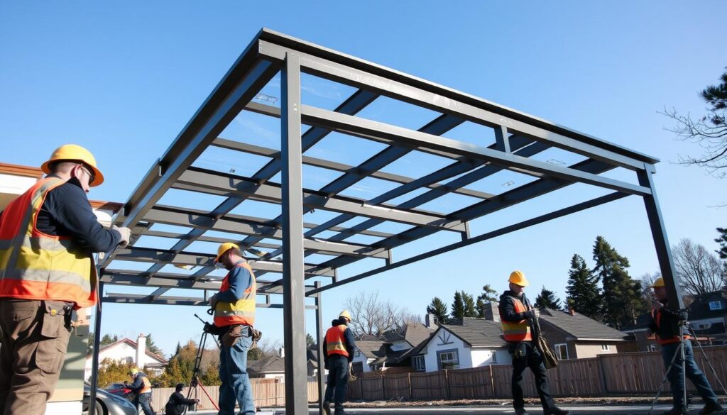 A modern steel frame carport installation in progress, showcasing durable construction techniques. In the foreground, skilled workers in professional attire are collaborating, using tools and equipment, emphasizing teamwork and precision. The middle ground features a partially completed carport, highlighting the robust steel structure and supporting framework. The background includes a clear blue sky and a suburban landscape with trees and houses, indicating a residential area. Natural sunlight casts soft shadows, creating a warm and inviting atmosphere. The image is captured from a low angle, giving a sense of scale to the carport and showcasing the craftsmanship involved in the installation process. A modern steel frame carport installation in progress, showcasing durable construction techniques. In the foreground, skilled workers in professional attire are collaborating, using tools and equipment, emphasizing teamwork and precision. The middle ground features a partially completed carport, highlighting the robust steel structure and supporting framework. The background includes a clear blue sky and a suburban landscape with trees and houses, indicating a residential area. Natural sunlight casts soft shadows, creating a warm and inviting atmosphere. The image is captured from a low angle, giving a sense of scale to the carport and showcasing the craftsmanship involved in the installation process.