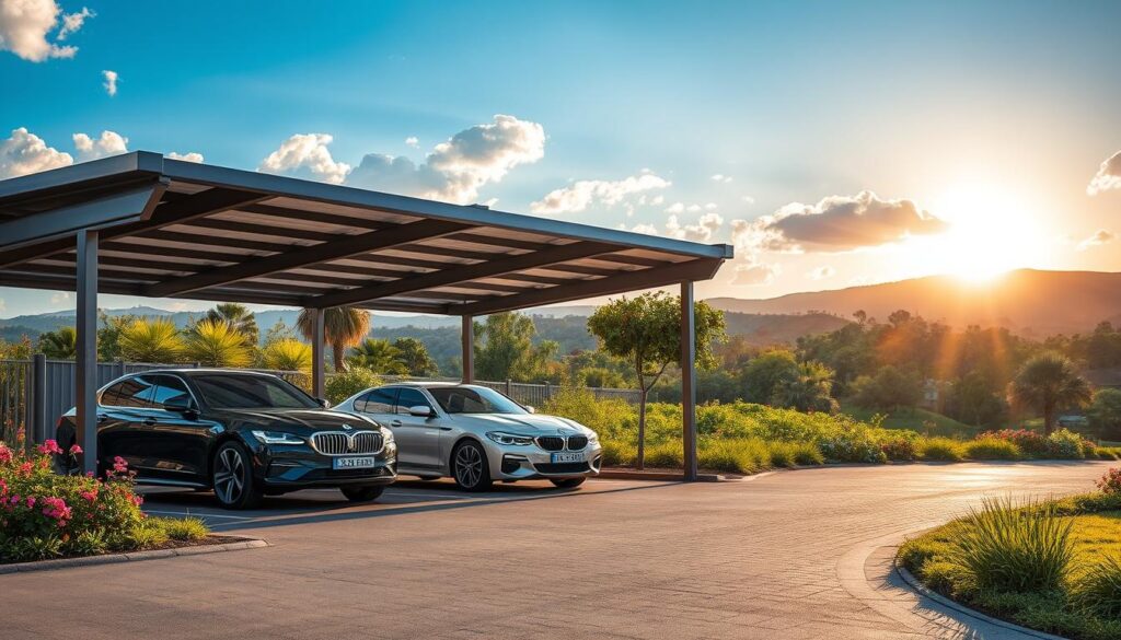 A modern steel frame carport situated in a suburban Pretoria setting, showcasing its robust structure that protects vehicles from harsh weather conditions. In the foreground, sleek cars are parked under the carport, gleaming under the bright afternoon sun. The middle ground features lush greenery typical of Pretoria, with vibrant flowering plants and a clear blue sky dotted with fluffy clouds. The background reveals distant hills under the warm glow of the setting sun. The scene is captured with a wide-angle lens, emphasizing the spaciousness of the carport and the beauty of the surroundings. This tranquil yet sturdy atmosphere communicates reliability and durability, highlighting the importance of protective structures for vehicles against sun, hail, and summer rains. A modern steel frame carport situated in a suburban Pretoria setting, showcasing its robust structure that protects vehicles from harsh weather conditions. In the foreground, sleek cars are parked under the carport, gleaming under the bright afternoon sun. The middle ground features lush greenery typical of Pretoria, with vibrant flowering plants and a clear blue sky dotted with fluffy clouds. The background reveals distant hills under the warm glow of the setting sun. The scene is captured with a wide-angle lens, emphasizing the spaciousness of the carport and the beauty of the surroundings. This tranquil yet sturdy atmosphere communicates reliability and durability, highlighting the importance of protective structures for vehicles against sun, hail, and summer rains.