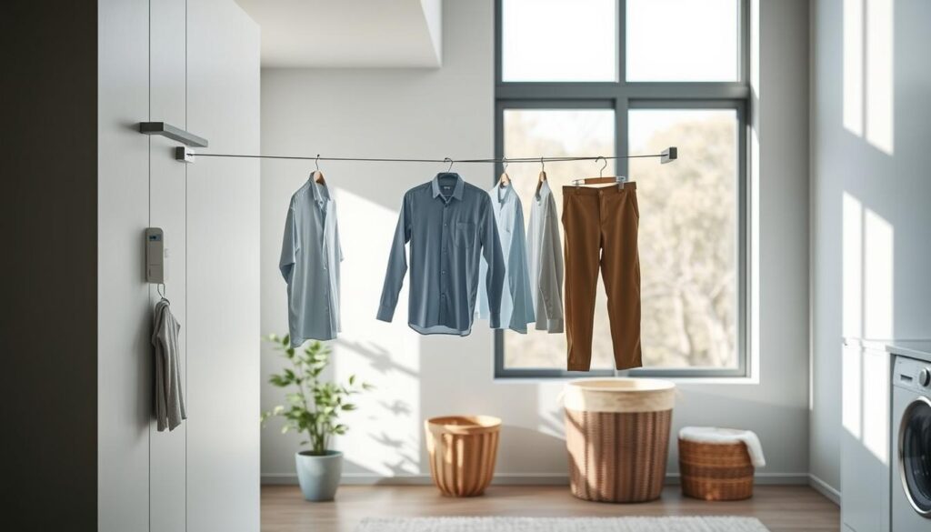 A modern, stylish retractable clothesline system mounted on a sleek, minimalist wall in a contemporary laundry room. In the foreground, the clothesline is fully extended, displaying neatly hung garments like shirts and trousers. The middle ground features a clean, organized space with a small potted plant and a decorative laundry basket, adding a touch of warmth. In the background, large windows filter soft, natural light, casting gentle shadows that enhance the modern aesthetic. The overall mood is fresh, functional, and inviting, emphasizing a practical solution for urban living. Use a wide-angle lens to capture the entire scene, highlighting the ease of use and contemporary design without any distractions or text. A modern, stylish retractable clothesline system mounted on a sleek, minimalist wall in a contemporary laundry room. In the foreground, the clothesline is fully extended, displaying neatly hung garments like shirts and trousers. The middle ground features a clean, organized space with a small potted plant and a decorative laundry basket, adding a touch of warmth. In the background, large windows filter soft, natural light, casting gentle shadows that enhance the modern aesthetic. The overall mood is fresh, functional, and inviting, emphasizing a practical solution for urban living. Use a wide-angle lens to capture the entire scene, highlighting the ease of use and contemporary design without any distractions or text.