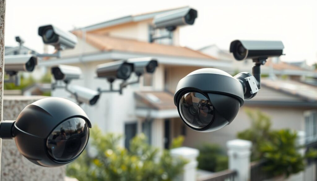 A modern urban setting featuring several high-tech CCTV cameras mounted on walls and rooftops, strategically positioned to monitor the surroundings. In the foreground, focus on a sleek black dome camera with clear visibility of its lens. The middle ground showcases a variety of other CCTV models, including bullet and PTZ cameras, all aimed at different angles to capture a range of activities. In the background, a residential property with a well-maintained garden, enhancing the sense of security provided by the cameras. Soft, natural daylight bathes the scene, creating a sense of safety and vigilance. The atmosphere is calm and secure, reflecting the importance of security upgrades in residential properties. A modern urban setting featuring several high-tech CCTV cameras mounted on walls and rooftops, strategically positioned to monitor the surroundings. In the foreground, focus on a sleek black dome camera with clear visibility of its lens. The middle ground showcases a variety of other CCTV models, including bullet and PTZ cameras, all aimed at different angles to capture a range of activities. In the background, a residential property with a well-maintained garden, enhancing the sense of security provided by the cameras. Soft, natural daylight bathes the scene, creating a sense of safety and vigilance. The atmosphere is calm and secure, reflecting the importance of security upgrades in residential properties.