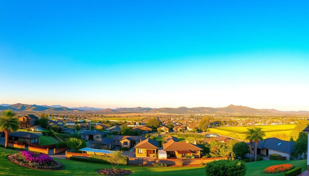 A panoramic view showcasing the vibrant areas served by Handyman Lanseria Property Services, featuring lush suburban landscapes of Midrand and Lanseria. In the foreground, depict a neatly maintained residential neighborhood with well-manicured lawns and colourful flower beds, representing a community-focused atmosphere. The middle ground should display a range of properties, from modern homes to cozy bungalows, all reflecting diversity in architecture and friendly vibes. The background highlights rolling hills under a clear blue sky, with soft, golden sunlight casting a warm glow over the scene. Shot from a slightly elevated angle to capture depth and vastness, conveying a sense of accessibility and service, all while maintaining a serene and inviting mood. A panoramic view showcasing the vibrant areas served by Handyman Lanseria Property Services, featuring lush suburban landscapes of Midrand and Lanseria. In the foreground, depict a neatly maintained residential neighborhood with well-manicured lawns and colourful flower beds, representing a community-focused atmosphere. The middle ground should display a range of properties, from modern homes to cozy bungalows, all reflecting diversity in architecture and friendly vibes. The background highlights rolling hills under a clear blue sky, with soft, golden sunlight casting a warm glow over the scene. Shot from a slightly elevated angle to capture depth and vastness, conveying a sense of accessibility and service, all while maintaining a serene and inviting mood.