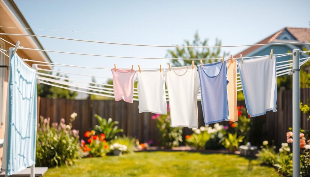 A peaceful outdoor scene featuring a neatly arranged set of foldable and portable washing lines stretching across a sunny backyard. In the foreground, different sizes of washing lines are clearly displayed, varying in color and material, showcasing their versatility for various hanging spaces. The middle layer captures freshly laundered clothes in soft pastel hues fluttering in a gentle breeze, creating a sense of freshness. In the background, a well-maintained garden complements the setting, with vibrant flowers and greenery. The scene is illuminated by warm, natural sunlight, casting soft shadows and creating a cheerful, inviting atmosphere. The perspective is slightly elevated, providing a comprehensive view of the washing lines while maintaining focus on their craftsmanship and utility. A peaceful outdoor scene featuring a neatly arranged set of foldable and portable washing lines stretching across a sunny backyard. In the foreground, different sizes of washing lines are clearly displayed, varying in color and material, showcasing their versatility for various hanging spaces. The middle layer captures freshly laundered clothes in soft pastel hues fluttering in a gentle breeze, creating a sense of freshness. In the background, a well-maintained garden complements the setting, with vibrant flowers and greenery. The scene is illuminated by warm, natural sunlight, casting soft shadows and creating a cheerful, inviting atmosphere. The perspective is slightly elevated, providing a comprehensive view of the washing lines while maintaining focus on their craftsmanship and utility.