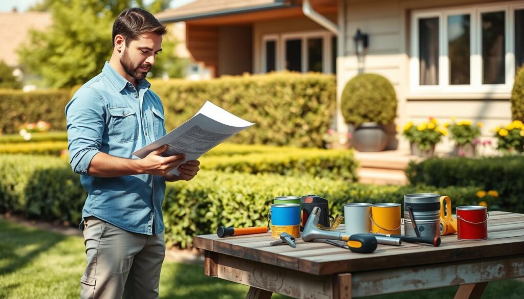 A peaceful scene illustrating the process of home repair and renovation, set in a suburban setting. In the foreground, a professional handyman in a clean, blue work shirt and khaki pants is examining detailed plans on a clipboard, standing next to a stylish, modern home. In the middle ground, various tools like a hammer, measuring tape, and paint cans are neatly arranged on a wooden workbench, symbolizing preparation and efficiency. The background features a beautiful garden, with well-maintained hedges and colorful flowers, under soft, natural daylight that casts gentle shadows, creating a welcoming atmosphere. The overall mood conveys professionalism, trust, and the transition from planning to execution in home improvement projects. A peaceful scene illustrating the process of home repair and renovation, set in a suburban setting. In the foreground, a professional handyman in a clean, blue work shirt and khaki pants is examining detailed plans on a clipboard, standing next to a stylish, modern home. In the middle ground, various tools like a hammer, measuring tape, and paint cans are neatly arranged on a wooden workbench, symbolizing preparation and efficiency. The background features a beautiful garden, with well-maintained hedges and colorful flowers, under soft, natural daylight that casts gentle shadows, creating a welcoming atmosphere. The overall mood conveys professionalism, trust, and the transition from planning to execution in home improvement projects.
