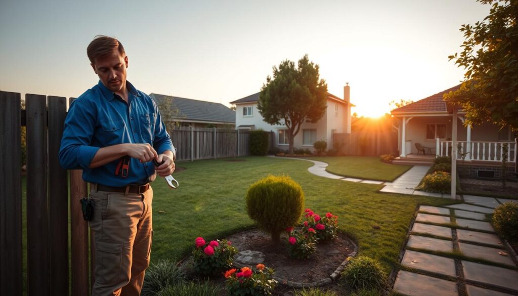 A peaceful suburban scene depicting local property maintenance in Parktown, Johannesburg. In the foreground, a professional handyman in a blue collared shirt and khaki pants is engaged in repairing a garden fence, tools in hand. The middle ground features a well-manicured lawn with vibrant flowers, a couple of neatly trimmed hedges, and a charming, modern family home with a welcoming porch. In the background, the sun sets softly, casting warm golden light over the neighborhood, enhancing the serene atmosphere. The angle is slightly elevated to capture the layout of the property and its surroundings. The overall mood is one of diligence and community spirit, reflecting the essence of local property services. A peaceful suburban scene depicting local property maintenance in Parktown, Johannesburg. In the foreground, a professional handyman in a blue collared shirt and khaki pants is engaged in repairing a garden fence, tools in hand. The middle ground features a well-manicured lawn with vibrant flowers, a couple of neatly trimmed hedges, and a charming, modern family home with a welcoming porch. In the background, the sun sets softly, casting warm golden light over the neighborhood, enhancing the serene atmosphere. The angle is slightly elevated to capture the layout of the property and its surroundings. The overall mood is one of diligence and community spirit, reflecting the essence of local property services.