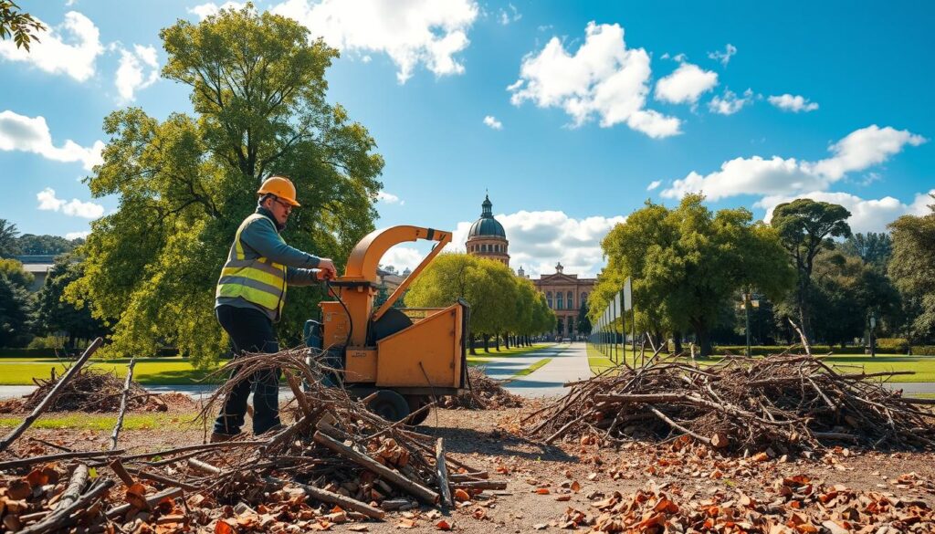 A picturesque scene highlighting the vibrant areas of Pretoria known for wood chipping services, with notable landmarks in view. In the foreground, a professional wearing safety gear operates a wood chipper, surrounded by freshly cut branches and wood chips scattered on the ground. The middle ground features lush green trees and a clear path, leading to identifiable landmarks like the Union Buildings and the Freedom Park, blending seamlessly into the backdrop. The background showcases a bright blue sky with soft, fluffy clouds, casting gentle, dappled sunlight over the scene. The atmosphere is industrious yet serene, capturing the essence of nature and the eco-friendly practice of branch shredding. The angle is slightly elevated, providing a comprehensive view of the area, emphasizing the blend of urban and natural elements. A picturesque scene highlighting the vibrant areas of Pretoria known for wood chipping services, with notable landmarks in view. In the foreground, a professional wearing safety gear operates a wood chipper, surrounded by freshly cut branches and wood chips scattered on the ground. The middle ground features lush green trees and a clear path, leading to identifiable landmarks like the Union Buildings and the Freedom Park, blending seamlessly into the backdrop. The background showcases a bright blue sky with soft, fluffy clouds, casting gentle, dappled sunlight over the scene. The atmosphere is industrious yet serene, capturing the essence of nature and the eco-friendly practice of branch shredding. The angle is slightly elevated, providing a comprehensive view of the area, emphasizing the blend of urban and natural elements.