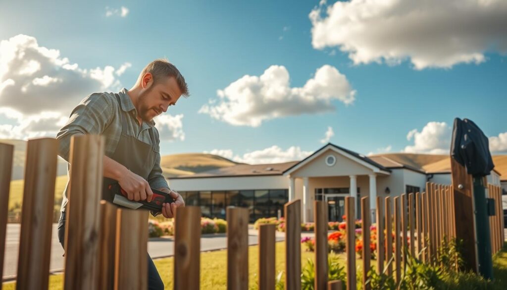 A picturesque view of the Greenstone Hill services area, showcasing a well-maintained handyman complex. In the foreground, a skilled handyman in professional attire is using tools to repair a fence, demonstrating expertise and reliability. The middle ground features a modern building with a welcoming entrance, surrounded by lush greenery and vibrant flowers, reflecting a professional service environment. In the background, soft rolling hills under a bright blue sky with fluffy clouds create a serene atmosphere. The scene is illuminated by warm, natural sunlight, casting gentle shadows that enhance the overall inviting feel. The composition is framed at a slight angle to capture both the handyman in action and the beautiful landscape nearby, emphasizing the quality of service offered. A picturesque view of the Greenstone Hill services area, showcasing a well-maintained handyman complex. In the foreground, a skilled handyman in professional attire is using tools to repair a fence, demonstrating expertise and reliability. The middle ground features a modern building with a welcoming entrance, surrounded by lush greenery and vibrant flowers, reflecting a professional service environment. In the background, soft rolling hills under a bright blue sky with fluffy clouds create a serene atmosphere. The scene is illuminated by warm, natural sunlight, casting gentle shadows that enhance the overall inviting feel. The composition is framed at a slight angle to capture both the handyman in action and the beautiful landscape nearby, emphasizing the quality of service offered.