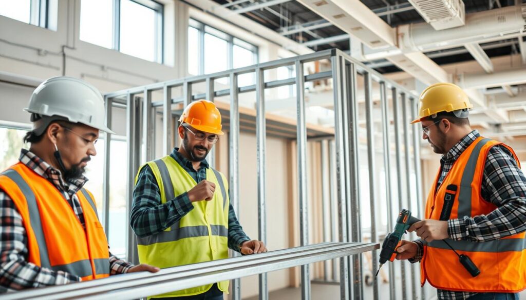 A professional construction site in Pretoria showcasing the drywall installation process. In the foreground, skilled workers wearing hard hats and safety vests are expertly handling metal stud framing, with tools like screwdrivers and electric drills visibly in use. The middle layer features partially constructed walls, showcasing layers of drywall and metal studs, with clear focus on the intricacies of the drywall process. The background presents a well-lit office space with high ceilings, natural light streaming through large windows, highlighting dust particles in the air, suggesting active work in progress. The scene has a warm yet industrious atmosphere, emphasizing productivity and teamwork. Use soft focus to create depth, with a wide-angle lens capturing the engaging workspace. A professional construction site in Pretoria showcasing the drywall installation process. In the foreground, skilled workers wearing hard hats and safety vests are expertly handling metal stud framing, with tools like screwdrivers and electric drills visibly in use. The middle layer features partially constructed walls, showcasing layers of drywall and metal studs, with clear focus on the intricacies of the drywall process. The background presents a well-lit office space with high ceilings, natural light streaming through large windows, highlighting dust particles in the air, suggesting active work in progress. The scene has a warm yet industrious atmosphere, emphasizing productivity and teamwork. Use soft focus to create depth, with a wide-angle lens capturing the engaging workspace.