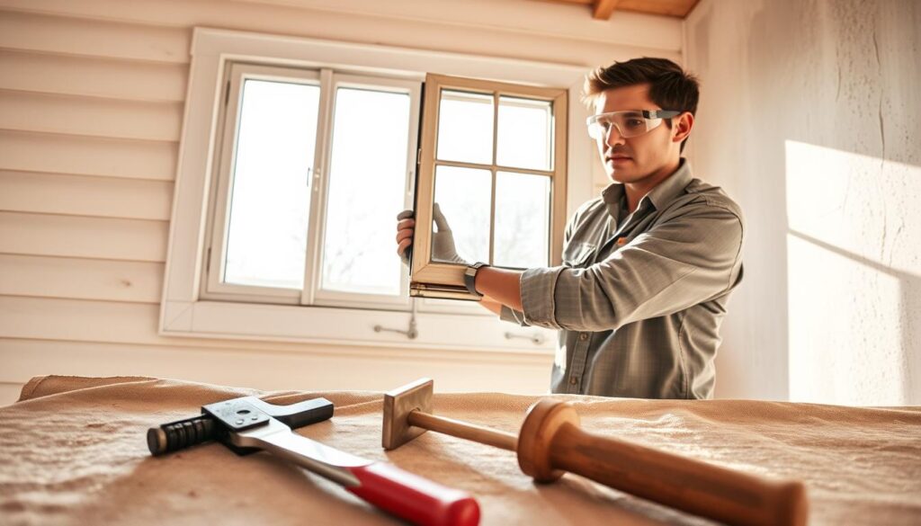 A professional contractor carefully removes old window frames from a house, showcasing a clean and organized workspace. In the foreground, tools like a pry bar and hammer lie on a tarp, emphasizing the renovation process. The middle ground features the contractor, dressed in a modest work shirt and safety goggles, methodically extracting the window while ensuring no debris falls into the interior of the house. The background shows an empty wall where the windows once were, with sunlight streaming in, illuminating the dust particles in the air. The angle captures both the contractor's focused expression and the open space, creating a sense of transformation and preparation for new installations. The overall mood conveys professionalism, diligence, and the anticipation of improvement. A professional contractor carefully removes old window frames from a house, showcasing a clean and organized workspace. In the foreground, tools like a pry bar and hammer lie on a tarp, emphasizing the renovation process. The middle ground features the contractor, dressed in a modest work shirt and safety goggles, methodically extracting the window while ensuring no debris falls into the interior of the house. The background shows an empty wall where the windows once were, with sunlight streaming in, illuminating the dust particles in the air. The angle captures both the contractor's focused expression and the open space, creating a sense of transformation and preparation for new installations. The overall mood conveys professionalism, diligence, and the anticipation of improvement.