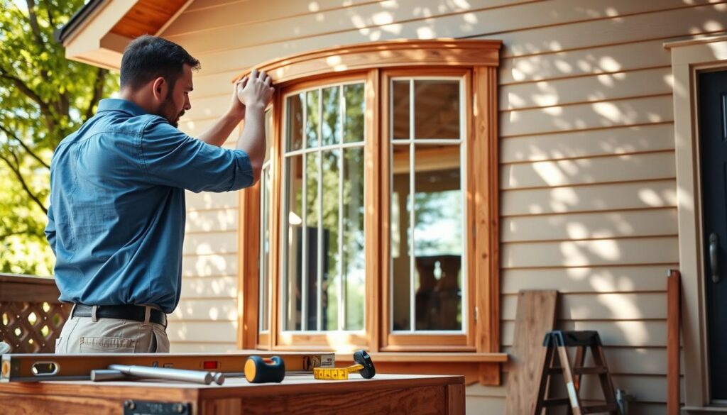 A professional contractor in a crisp, blue work shirt and beige work pants carefully fits a wooden bay window frame into an opening in a house's wall. The foreground features tools like a level, hammer, and tape measure neatly arranged on a sturdy workbench nearby. The middle ground displays the partially installed bay window, showcasing its elegant curve and sections of glass, with the outer structure of the house crafted in a classic style. In the background, sunlight filters through trees, casting soft, dappled shadows onto the ground, creating a warm and inviting atmosphere. The image conveys a sense of professionalism and focus, capturing a pivotal moment in the installation process. The lighting is natural, emphasizing the textures of the wood and glass, while the camera angle is slightly tilted upward to highlight the bay window's design. A professional contractor in a crisp, blue work shirt and beige work pants carefully fits a wooden bay window frame into an opening in a house's wall. The foreground features tools like a level, hammer, and tape measure neatly arranged on a sturdy workbench nearby. The middle ground displays the partially installed bay window, showcasing its elegant curve and sections of glass, with the outer structure of the house crafted in a classic style. In the background, sunlight filters through trees, casting soft, dappled shadows onto the ground, creating a warm and inviting atmosphere. The image conveys a sense of professionalism and focus, capturing a pivotal moment in the installation process. The lighting is natural, emphasizing the textures of the wood and glass, while the camera angle is slightly tilted upward to highlight the bay window's design.