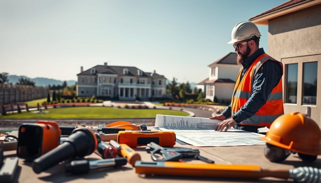 A professional contractor in a safety vest and hard hat inspects a construction site for an estate property, ensuring safety compliance. In the foreground, tools and safety equipment are neatly arranged, showcasing an organized workspace. The middle ground features the contractor examining blueprints laid out on a table, highlighting attention to detail and preparedness. In the background, a well-maintained estate property can be seen, with lush landscaping and clear skies, reflecting a sense of order and professionalism. The lighting is bright and natural, giving a warm atmosphere that evokes diligence and safety. Capture the scene from a slightly elevated angle to provide a comprehensive view of the contractor's thoroughness and the estate's quality. A professional contractor in a safety vest and hard hat inspects a construction site for an estate property, ensuring safety compliance. In the foreground, tools and safety equipment are neatly arranged, showcasing an organized workspace. The middle ground features the contractor examining blueprints laid out on a table, highlighting attention to detail and preparedness. In the background, a well-maintained estate property can be seen, with lush landscaping and clear skies, reflecting a sense of order and professionalism. The lighting is bright and natural, giving a warm atmosphere that evokes diligence and safety. Capture the scene from a slightly elevated angle to provide a comprehensive view of the contractor's thoroughness and the estate's quality.
