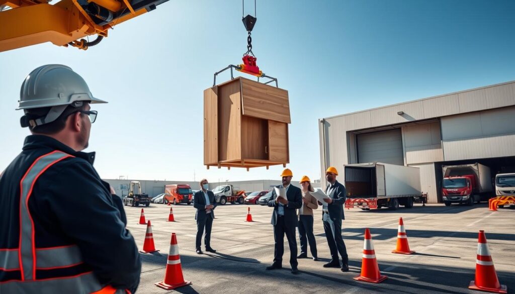 A professional crane operator in a hard hat and safety gear carefully oversees a lifting operation in a well-lit industrial yard, demonstrating compliance and safety protocols. In the foreground, a modern crane lifts a large wooden furniture piece with precision, while safety cones and caution tape delineate the work area. The middle ground features a team of workers in professional attire discussing plans with blueprints in hand, highlighting teamwork and communication. The background reveals a clear blue sky and a spacious loading area with equipment parked, conveying an organized and secure environment. Soft sunlight illuminates the scene, creating a positive and vigilant atmosphere focused on safety and risk control during each lift. A professional crane operator in a hard hat and safety gear carefully oversees a lifting operation in a well-lit industrial yard, demonstrating compliance and safety protocols. In the foreground, a modern crane lifts a large wooden furniture piece with precision, while safety cones and caution tape delineate the work area. The middle ground features a team of workers in professional attire discussing plans with blueprints in hand, highlighting teamwork and communication. The background reveals a clear blue sky and a spacious loading area with equipment parked, conveying an organized and secure environment. Soft sunlight illuminates the scene, creating a positive and vigilant atmosphere focused on safety and risk control during each lift.