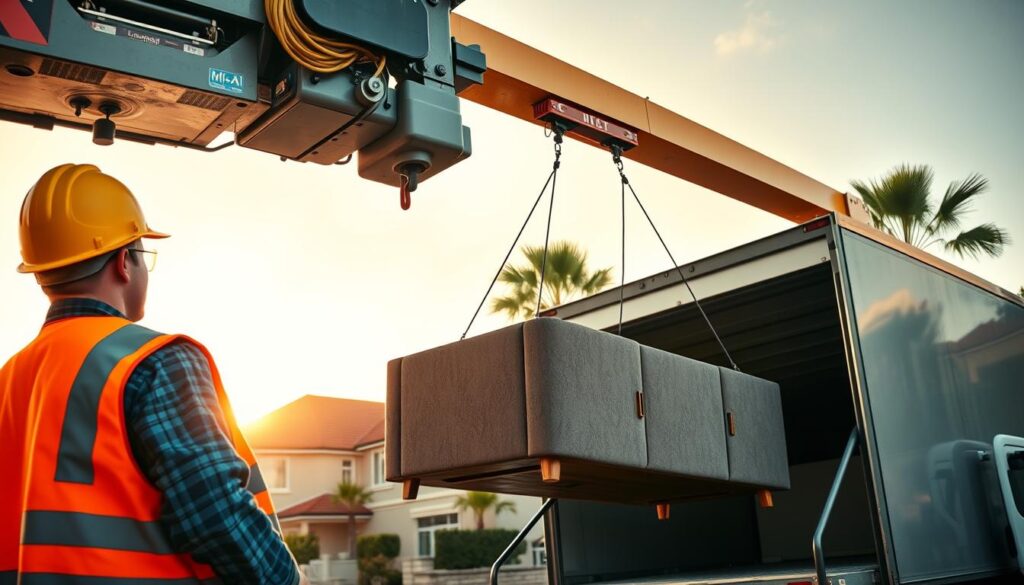 A professional crane operator in a hard hat and safety vest carefully maneuvering a modern crane to lift heavy furniture, showcasing a well-organized lifting operation in Pretoria. In the foreground, the operator is focused and precise, with detailed machinery and lifting gear visible. The middle ground features a stylish piece of furniture being hoisted into a moving truck, illustrating the delicate balance of lifting. In the background, typical Pretoria architecture, such as residential homes and palm trees, is bathed in warm, golden sunlight, creating a vibrant yet professional atmosphere. The angle is slightly elevated, capturing the teamwork in action, while the overall mood conveys reliability and efficiency in moving heavy items. A professional crane operator in a hard hat and safety vest carefully maneuvering a modern crane to lift heavy furniture, showcasing a well-organized lifting operation in Pretoria. In the foreground, the operator is focused and precise, with detailed machinery and lifting gear visible. The middle ground features a stylish piece of furniture being hoisted into a moving truck, illustrating the delicate balance of lifting. In the background, typical Pretoria architecture, such as residential homes and palm trees, is bathed in warm, golden sunlight, creating a vibrant yet professional atmosphere. The angle is slightly elevated, capturing the teamwork in action, while the overall mood conveys reliability and efficiency in moving heavy items.