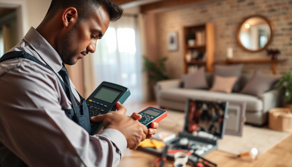 A professional electrical service technician, dressed in a neatly pressed business uniform, is working on a residential electrical system in a Douglasdale property. In the foreground, the technician is focused on a multimeter, checking voltage levels. The middle ground features a partially disassembled electrical panel with neatly organized tools and safety equipment surrounding it, like gloves and goggles. The background shows a cozy, well-lit living room with soft natural light filtering through a window, creating a warm atmosphere. The image captures a sense of professionalism, safety, and compliance, with a clean and organized workspace emphasizing the importance of electrical services. The lens perspective is slightly angled to provide depth, enhancing the focus on the technician's intense attention to detail. A professional electrical service technician, dressed in a neatly pressed business uniform, is working on a residential electrical system in a Douglasdale property. In the foreground, the technician is focused on a multimeter, checking voltage levels. The middle ground features a partially disassembled electrical panel with neatly organized tools and safety equipment surrounding it, like gloves and goggles. The background shows a cozy, well-lit living room with soft natural light filtering through a window, creating a warm atmosphere. The image captures a sense of professionalism, safety, and compliance, with a clean and organized workspace emphasizing the importance of electrical services. The lens perspective is slightly angled to provide depth, enhancing the focus on the technician's intense attention to detail.