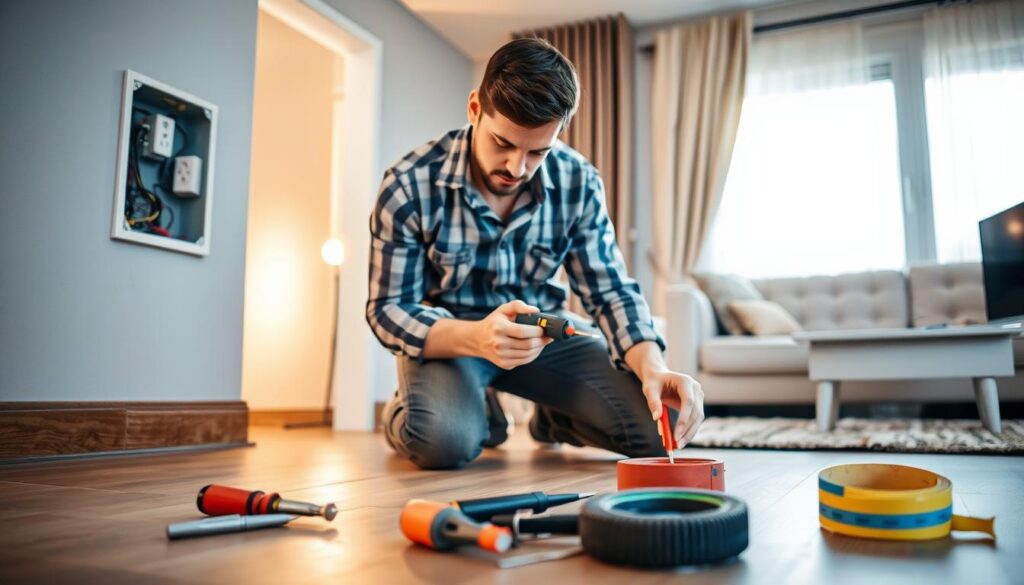 A professional electrician in a modest casual outfit, focused on repairing a wall outlet in a modern home setting in Kempton Park. The electrician is kneeling on the floor, examining the wiring with a multimeter in hand, showcasing attention to detail. In the foreground, tools like screwdrivers, pliers, and a roll of electrical tape are neatly arranged. The middle ground features a well-lit room with a partially opened fuse box on the wall and electrical wiring visible. The background shows a tasteful living room decor with soft, natural lighting coming from a window, casting warm tones to create a welcoming atmosphere. The scene conveys diligence and craftsmanship in electrical repairs and installations, highlighting professionalism and safety. A professional electrician in a modest casual outfit, focused on repairing a wall outlet in a modern home setting in Kempton Park. The electrician is kneeling on the floor, examining the wiring with a multimeter in hand, showcasing attention to detail. In the foreground, tools like screwdrivers, pliers, and a roll of electrical tape are neatly arranged. The middle ground features a well-lit room with a partially opened fuse box on the wall and electrical wiring visible. The background shows a tasteful living room decor with soft, natural lighting coming from a window, casting warm tones to create a welcoming atmosphere. The scene conveys diligence and craftsmanship in electrical repairs and installations, highlighting professionalism and safety.