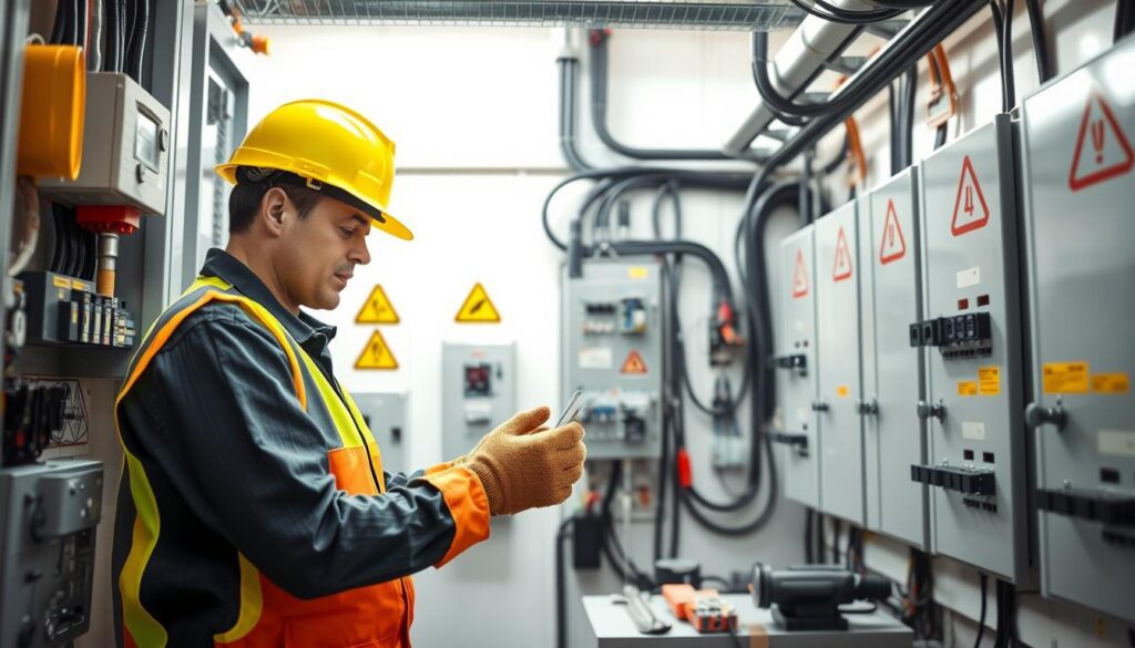 A professional electrician in safety gear, wearing a hard hat and gloves, is carefully inspecting electrical wiring in a well-lit, organized utility room. The foreground focuses on the electrician, showcasing their meticulous attention to safety protocols, with tools and equipment neatly arranged beside them. In the middle ground, a variety of electrical components such as circuit breakers and panels are visible, demonstrating a thorough approach to electrical maintenance. The background features a clean, industrial setting with safety signs prominently displayed, emphasizing the importance of compliance. The scene is illuminated with bright, natural lighting that creates a focused atmosphere, conveying professionalism and a commitment to safe practices in electrical maintenance. A professional electrician in safety gear, wearing a hard hat and gloves, is carefully inspecting electrical wiring in a well-lit, organized utility room. The foreground focuses on the electrician, showcasing their meticulous attention to safety protocols, with tools and equipment neatly arranged beside them. In the middle ground, a variety of electrical components such as circuit breakers and panels are visible, demonstrating a thorough approach to electrical maintenance. The background features a clean, industrial setting with safety signs prominently displayed, emphasizing the importance of compliance. The scene is illuminated with bright, natural lighting that creates a focused atmosphere, conveying professionalism and a commitment to safe practices in electrical maintenance.