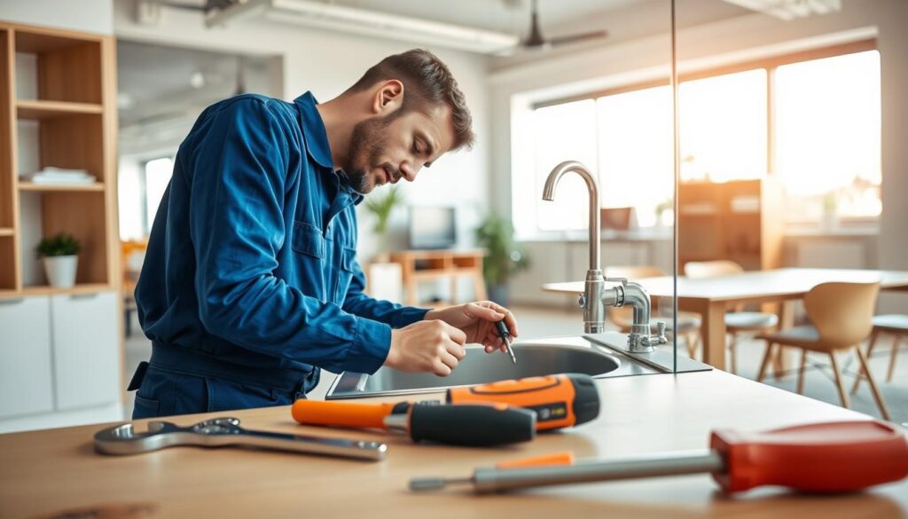 A professional handyman arranged in action, wearing a blue uniform, working on maintenance tasks in a well-lit office setting. In the foreground, tools like a wrench and screwdriver are neatly placed on a nearby table. The middle of the image features a handyman checking plumbing under a sink, with clear focus on reliable tools and equipment. The background shows a modern office space, with clean lines, wooden furniture, and a large window letting in natural light, creating a fresh atmosphere. The overall mood is efficient and industrious, reflecting the essence of maintenance and repair services. The image is bright, showcasing the practicality and professionalism of handyman solutions. A professional handyman arranged in action, wearing a blue uniform, working on maintenance tasks in a well-lit office setting. In the foreground, tools like a wrench and screwdriver are neatly placed on a nearby table. The middle of the image features a handyman checking plumbing under a sink, with clear focus on reliable tools and equipment. The background shows a modern office space, with clean lines, wooden furniture, and a large window letting in natural light, creating a fresh atmosphere. The overall mood is efficient and industrious, reflecting the essence of maintenance and repair services. The image is bright, showcasing the practicality and professionalism of handyman solutions.