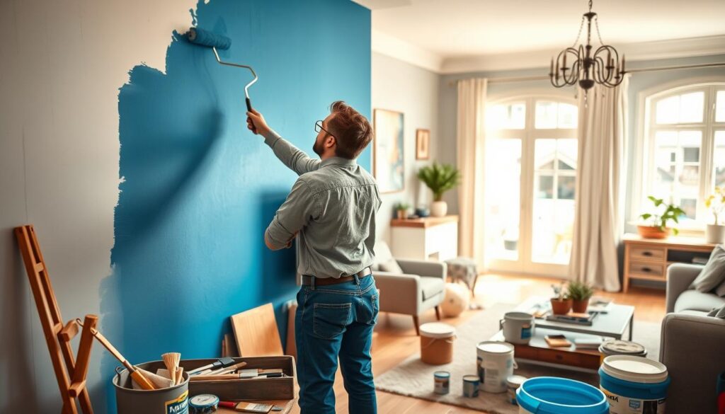 A professional handyman at work, meticulously painting a freshly renovated living room. In the foreground, the handyman, dressed in smart casual attire, carefully applies a rich, vibrant blue coat to the wall with a roller. The middle ground features various painting tools like brushes, a paint tray, and canisters of paint, suggesting a bustling yet organized workspace. In the background, the newly transformed room showcases freshly painted walls complemented by stylish decor and natural light streaming through a large window, enhancing the cheerful and inviting atmosphere. The scene is bathed in warm, soft lighting to evoke a sense of comfort and professionalism, with a slight depth of field to emphasize the handyman’s focus. A professional handyman at work, meticulously painting a freshly renovated living room. In the foreground, the handyman, dressed in smart casual attire, carefully applies a rich, vibrant blue coat to the wall with a roller. The middle ground features various painting tools like brushes, a paint tray, and canisters of paint, suggesting a bustling yet organized workspace. In the background, the newly transformed room showcases freshly painted walls complemented by stylish decor and natural light streaming through a large window, enhancing the cheerful and inviting atmosphere. The scene is bathed in warm, soft lighting to evoke a sense of comfort and professionalism, with a slight depth of field to emphasize the handyman’s focus.