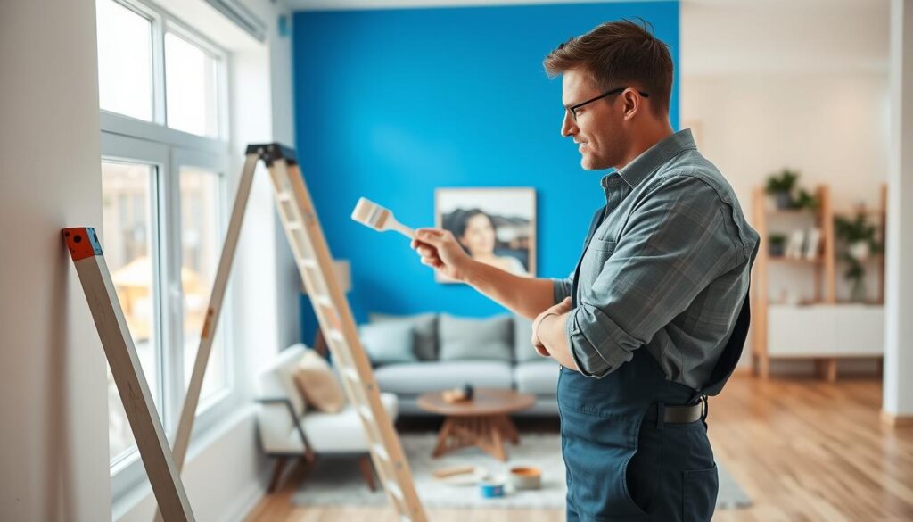 A professional handyman, dressed in smart casual attire, is focused on painting the interior walls of a modern living room. In the foreground, a sturdy ladder leans against the wall, with paintbrushes and a color palette placed on the ground. In the middle, the handyman is applying a fresh coat of vibrant blue paint to the wall, showing precise brush strokes, with a look of concentration on his face. Behind him, a cozy room with contemporary furniture and large windows, allowing natural light to flood in, enhancing the space's warmth. The atmosphere is bright, inviting, and exudes a sense of rejuvenation, showcasing the transformative power of painting and finishing services. The scene is captured with soft, diffused lighting to create a cheerful ambiance. A professional handyman, dressed in smart casual attire, is focused on painting the interior walls of a modern living room. In the foreground, a sturdy ladder leans against the wall, with paintbrushes and a color palette placed on the ground. In the middle, the handyman is applying a fresh coat of vibrant blue paint to the wall, showing precise brush strokes, with a look of concentration on his face. Behind him, a cozy room with contemporary furniture and large windows, allowing natural light to flood in, enhancing the space's warmth. The atmosphere is bright, inviting, and exudes a sense of rejuvenation, showcasing the transformative power of painting and finishing services. The scene is captured with soft, diffused lighting to create a cheerful ambiance.