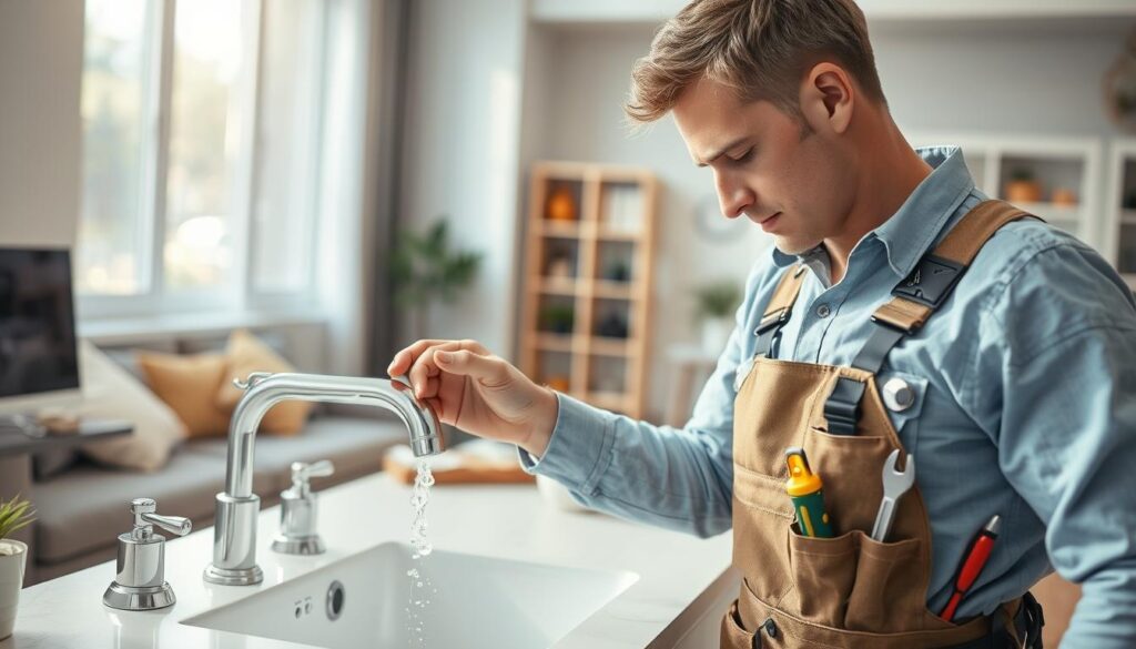 A professional handyman in a bright, well-lit living room, actively fixing a leaking faucet in a stylish sink. He wears a neat uniform with a tool belt, showcasing various tools like a wrench and screwdriver. In the foreground, the handyman is focused and engaged, demonstrating expertise and quick action. In the middle, the sink area is detailed, with water splashing lightly to indicate urgency in the repair. The background reveals a cozy home ambiance with soft, natural light streaming through a window, reflecting a sense of comfort and trust. The overall mood is dynamic, emphasizing prompt service and reliability in emergencies, with a warm color palette to create a welcoming atmosphere. A professional handyman in a bright, well-lit living room, actively fixing a leaking faucet in a stylish sink. He wears a neat uniform with a tool belt, showcasing various tools like a wrench and screwdriver. In the foreground, the handyman is focused and engaged, demonstrating expertise and quick action. In the middle, the sink area is detailed, with water splashing lightly to indicate urgency in the repair. The background reveals a cozy home ambiance with soft, natural light streaming through a window, reflecting a sense of comfort and trust. The overall mood is dynamic, emphasizing prompt service and reliability in emergencies, with a warm color palette to create a welcoming atmosphere.