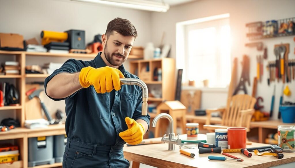 A professional handyman in a bright, well-lit workshop, showcasing a variety of tools and services offered. In the foreground, the handyman, dressed in a smart, dark blue uniform and safety gloves, is demonstrating how to fix a leaky faucet, focusing on a wrench in hand. In the middle, a workbench displays an array of tools like a hammer, screwdriver, and measuring tape, along with a few home improvement projects like a small wooden chair and paint cans. The background features shelves filled with neatly organized tools and materials, and a sunny window allowing natural light to flood in, creating a warm and inviting atmosphere. The overall mood is professional, reliable, and resourceful, emphasizing the handyman's expertise. A professional handyman in a bright, well-lit workshop, showcasing a variety of tools and services offered. In the foreground, the handyman, dressed in a smart, dark blue uniform and safety gloves, is demonstrating how to fix a leaky faucet, focusing on a wrench in hand. In the middle, a workbench displays an array of tools like a hammer, screwdriver, and measuring tape, along with a few home improvement projects like a small wooden chair and paint cans. The background features shelves filled with neatly organized tools and materials, and a sunny window allowing natural light to flood in, creating a warm and inviting atmosphere. The overall mood is professional, reliable, and resourceful, emphasizing the handyman's expertise.