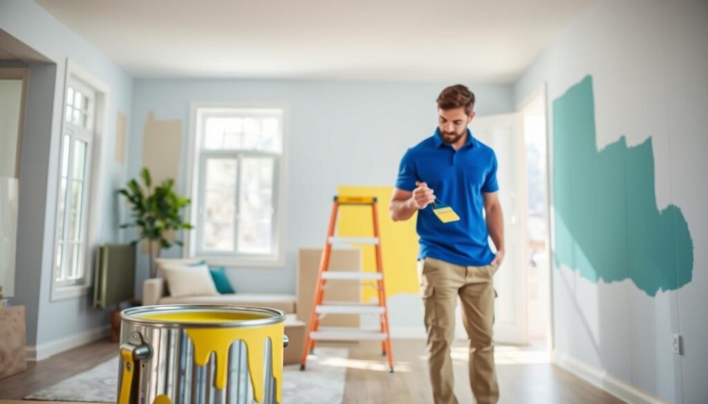 A professional handyman in a crisp blue polo shirt and khaki pants is skillfully painting a vibrant accent wall in a modern living room. The foreground features an open paint can and a brush, showcasing bright colors like turquoise and yellow. In the middle ground, the handyman is focused, diligently applying fresh paint to the wall, while a ladder leans against the opposite wall. Behind him, the room displays freshly patched drywall areas, complementing the newly painted sections. Natural sunlight streams through large windows, casting soft shadows and creating a warm, inviting atmosphere. The overall mood is energetic and productive, emphasizing the transformation of the interior space. A professional handyman in a crisp blue polo shirt and khaki pants is skillfully painting a vibrant accent wall in a modern living room. The foreground features an open paint can and a brush, showcasing bright colors like turquoise and yellow. In the middle ground, the handyman is focused, diligently applying fresh paint to the wall, while a ladder leans against the opposite wall. Behind him, the room displays freshly patched drywall areas, complementing the newly painted sections. Natural sunlight streams through large windows, casting soft shadows and creating a warm, inviting atmosphere. The overall mood is energetic and productive, emphasizing the transformation of the interior space.