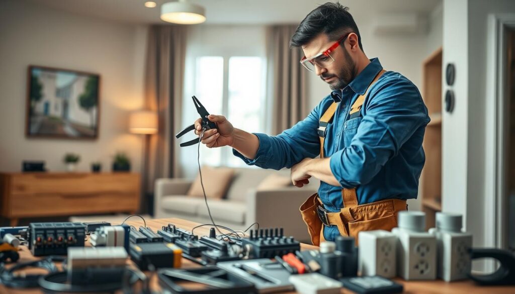 A professional handyman in a crisp blue shirt and tool belt, carefully inspecting electrical wiring in a modern home setting. In the foreground, the handyman is holding wire cutters and wearing safety goggles, symbolizing safety in electrical repairs. The middle ground features an array of electrical components like circuit breakers and outlets neatly arranged on a workbench. The background shows a well-lit living room with soft natural light filtering through a window, creating a warm atmosphere. The image captures an organized workspace vibe, emphasizing compliance and professionalism. Use a shallow depth of field to focus on the handyman and tools while softly blurring the background, enhancing the overall mood of diligence and safety in electrical services. A professional handyman in a crisp blue shirt and tool belt, carefully inspecting electrical wiring in a modern home setting. In the foreground, the handyman is holding wire cutters and wearing safety goggles, symbolizing safety in electrical repairs. The middle ground features an array of electrical components like circuit breakers and outlets neatly arranged on a workbench. The background shows a well-lit living room with soft natural light filtering through a window, creating a warm atmosphere. The image captures an organized workspace vibe, emphasizing compliance and professionalism. Use a shallow depth of field to focus on the handyman and tools while softly blurring the background, enhancing the overall mood of diligence and safety in electrical services.