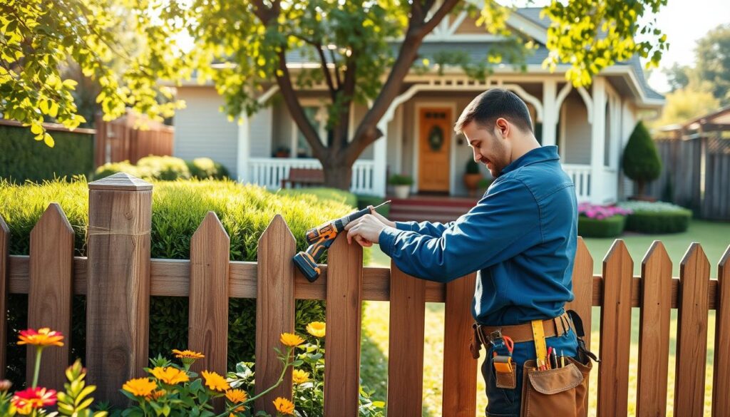 A professional handyman in a neat blue uniform with tools visible on a belt, confidently working on a home repair project in a vibrant Kibler Park garden. In the foreground, the handyman is focused on fixing a wooden fence, using a drill and measuring tape. In the middle, lush greenery surrounds the scene, with colorful flower beds and neatly trimmed hedges, symbolizing a well-maintained home environment. In the background, a cozy Johannesburg home showcases a welcoming porch and well-kept lawn, with soft sunlight filtering through the leaves, creating a warm and inviting atmosphere. The perspective captures the dynamic action while emphasizing the detail in both the man's tools and the beauty of the garden. Ensure the image is bright and cheerful, conveying a sense of trust and professionalism. A professional handyman in a neat blue uniform with tools visible on a belt, confidently working on a home repair project in a vibrant Kibler Park garden. In the foreground, the handyman is focused on fixing a wooden fence, using a drill and measuring tape. In the middle, lush greenery surrounds the scene, with colorful flower beds and neatly trimmed hedges, symbolizing a well-maintained home environment. In the background, a cozy Johannesburg home showcases a welcoming porch and well-kept lawn, with soft sunlight filtering through the leaves, creating a warm and inviting atmosphere. The perspective captures the dynamic action while emphasizing the detail in both the man's tools and the beauty of the garden. Ensure the image is bright and cheerful, conveying a sense of trust and professionalism.
