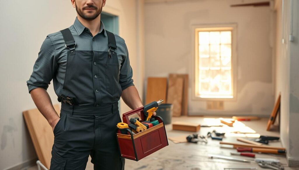 A professional handyman in a neat, modest outfit stands confidently in the foreground, holding a toolbox and various tools, symbolizing responsiveness and quality workmanship. In the middle ground, a partially renovated room shows signs of diligent repair work, with fresh paint on the walls and tools laid out methodically. The background features a sunny window illuminating the workspace, casting warm, inviting light that enhances the atmosphere of professionalism and trust. Soft shadows and bright highlights create a balanced composition, emphasizing the handyman's expertise. The overall mood is positive and reassuring, reflecting the high standards of service that clients can expect from skilled professionals in Randfontein. A professional handyman in a neat, modest outfit stands confidently in the foreground, holding a toolbox and various tools, symbolizing responsiveness and quality workmanship. In the middle ground, a partially renovated room shows signs of diligent repair work, with fresh paint on the walls and tools laid out methodically. The background features a sunny window illuminating the workspace, casting warm, inviting light that enhances the atmosphere of professionalism and trust. Soft shadows and bright highlights create a balanced composition, emphasizing the handyman's expertise. The overall mood is positive and reassuring, reflecting the high standards of service that clients can expect from skilled professionals in Randfontein.