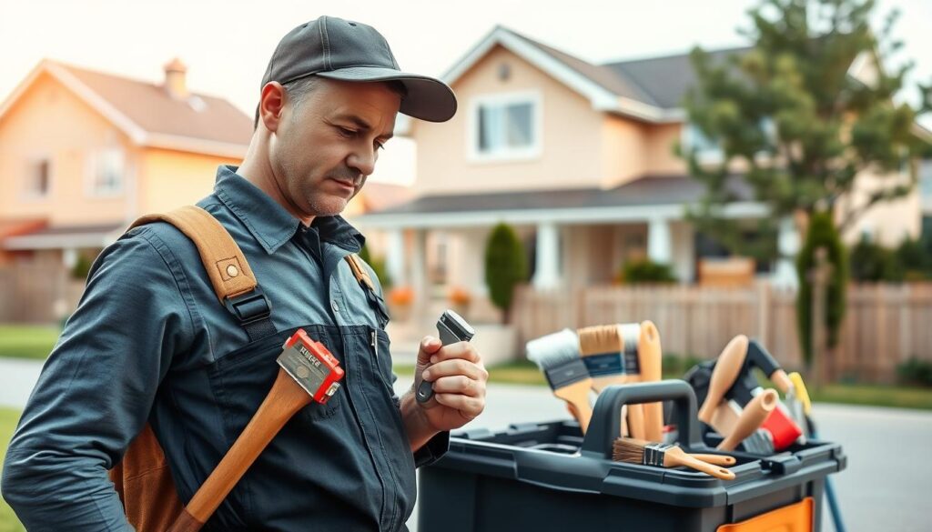 A professional handyman in a neat uniform carrying tools is depicted in the foreground, working diligently on a home repair task. In the middle ground, a variety of maintenance tools are neatly organized, including a ladder, paintbrushes, and a toolbox, symbolizing a comprehensive property maintenance service. The background features a well-kept suburban house and a small complex, showcasing a variety of residential and business environments. Soft, diffused natural light bathes the scene, creating a warm and inviting atmosphere. The angle is slightly elevated, capturing the handyman's focused expression as he addresses a repair, conveying efficiency and expertise in property maintenance. The overall mood is professional and approachable, emphasizing reliability and fast assistance. A professional handyman in a neat uniform carrying tools is depicted in the foreground, working diligently on a home repair task. In the middle ground, a variety of maintenance tools are neatly organized, including a ladder, paintbrushes, and a toolbox, symbolizing a comprehensive property maintenance service. The background features a well-kept suburban house and a small complex, showcasing a variety of residential and business environments. Soft, diffused natural light bathes the scene, creating a warm and inviting atmosphere. The angle is slightly elevated, capturing the handyman's focused expression as he addresses a repair, conveying efficiency and expertise in property maintenance. The overall mood is professional and approachable, emphasizing reliability and fast assistance.