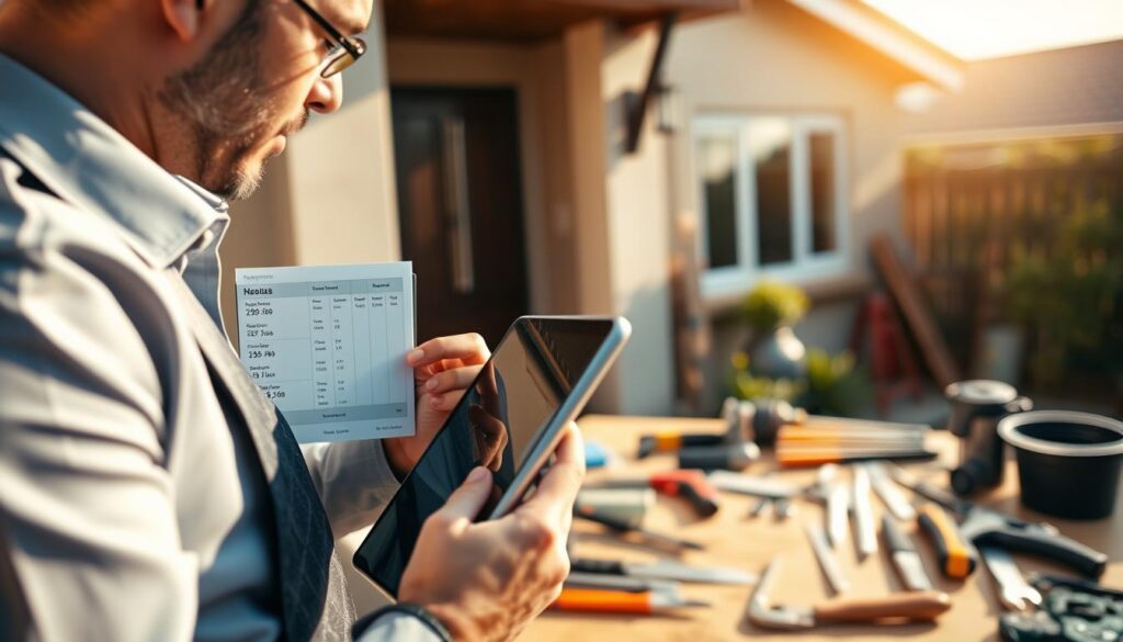 A professional handyman in a smart casual outfit, attentively reviewing a selection of transparent quotes with a tablet in his hands. In the foreground, close-up of the tablet screen displaying clear, easy-to-read quote rates and turnaround times. The middle ground features an organized workbench with various tools neatly arranged, suggesting reliability and efficiency. The background showcases a well-maintained home exterior in Glenvista, Johannesburg, under warm, inviting afternoon sunlight. The mood is one of professionalism, trustworthiness, and a focus on quality workmanship. Soft shadows and natural lighting accentuate the scene, with a slightly shallow depth of field to create a sense of intimacy and attention to detail. A professional handyman in a smart casual outfit, attentively reviewing a selection of transparent quotes with a tablet in his hands. In the foreground, close-up of the tablet screen displaying clear, easy-to-read quote rates and turnaround times. The middle ground features an organized workbench with various tools neatly arranged, suggesting reliability and efficiency. The background showcases a well-maintained home exterior in Glenvista, Johannesburg, under warm, inviting afternoon sunlight. The mood is one of professionalism, trustworthiness, and a focus on quality workmanship. Soft shadows and natural lighting accentuate the scene, with a slightly shallow depth of field to create a sense of intimacy and attention to detail.