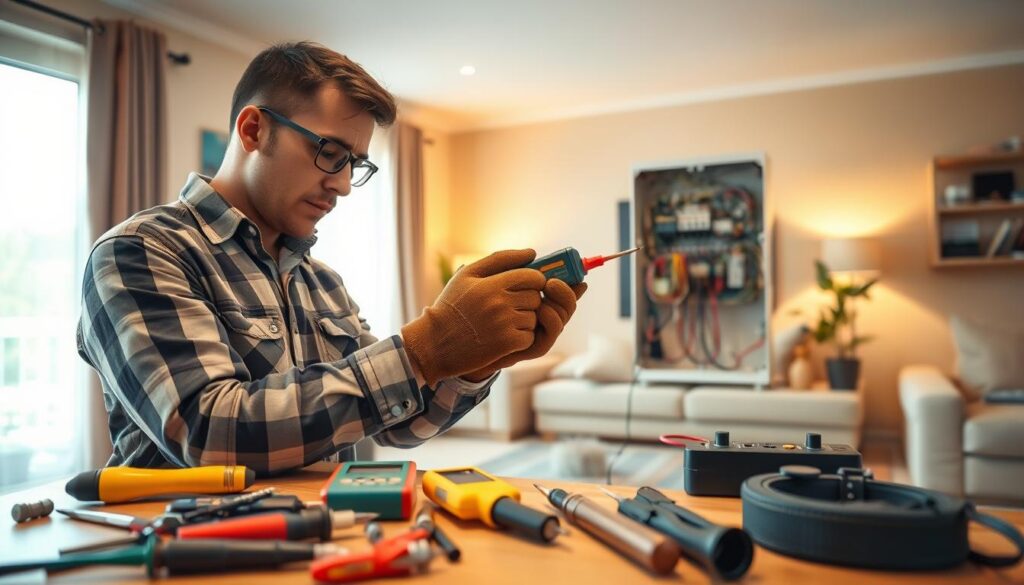 A professional handyman in a smart casual outfit repairs an electrical panel in a bright, well-lit home environment. In the foreground, tools such as screwdrivers, pliers, and a multimeter are neatly organized on a workbench. The handyman, focusing intently, holds a voltage tester near the panel while wearing safety gloves. In the middle ground, various electrical components, like wires and circuit breakers, are visible, emphasizing the task at hand. The background shows a cozy living room with warm lighting, creating a welcoming atmosphere. The image captures a sense of professionalism and safety, highlighting the importance of electrical maintenance in everyday life, using a warm color palette to evoke a sense of comfort and reliability. A professional handyman in a smart casual outfit repairs an electrical panel in a bright, well-lit home environment. In the foreground, tools such as screwdrivers, pliers, and a multimeter are neatly organized on a workbench. The handyman, focusing intently, holds a voltage tester near the panel while wearing safety gloves. In the middle ground, various electrical components, like wires and circuit breakers, are visible, emphasizing the task at hand. The background shows a cozy living room with warm lighting, creating a welcoming atmosphere. The image captures a sense of professionalism and safety, highlighting the importance of electrical maintenance in everyday life, using a warm color palette to evoke a sense of comfort and reliability.