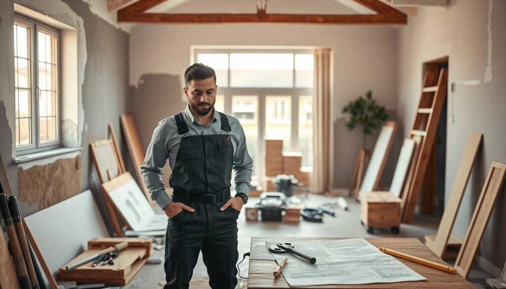 A professional handyman in a smart, modest uniform stands at the forefront, inspecting a partially renovated room filled with tools and materials. The middle area features an open space with half-painted walls, wooden beams, and renovation plans scattered on a work table, highlighting the meticulous planning involved. The background showcases the exterior of a suburban house, emphasizing the environment of the East Rand. Soft, natural lighting pours in through large windows, casting warm shadows that create a welcoming atmosphere. The overall mood is one of focus and determination, reflecting the dedication to quality renovations and repairs. The image should have a clear and balanced composition, ideally captured with a slight depth of field to emphasize the handyman's work while softly blurring the background. A professional handyman in a smart, modest uniform stands at the forefront, inspecting a partially renovated room filled with tools and materials. The middle area features an open space with half-painted walls, wooden beams, and renovation plans scattered on a work table, highlighting the meticulous planning involved. The background showcases the exterior of a suburban house, emphasizing the environment of the East Rand. Soft, natural lighting pours in through large windows, casting warm shadows that create a welcoming atmosphere. The overall mood is one of focus and determination, reflecting the dedication to quality renovations and repairs. The image should have a clear and balanced composition, ideally captured with a slight depth of field to emphasize the handyman's work while softly blurring the background.