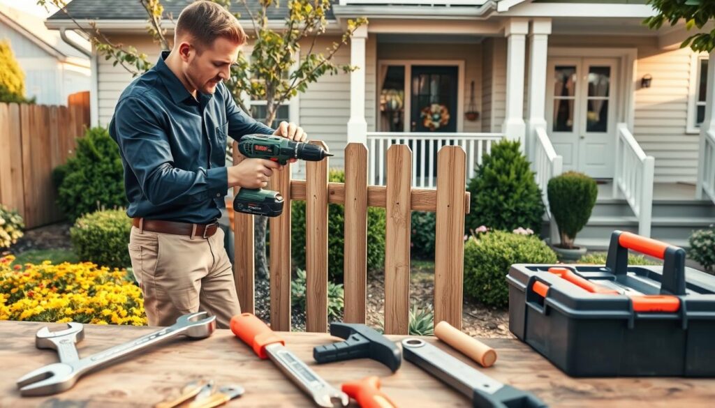 A professional handyman in a smart navy blue shirt and khakis, using a power drill to fix a wooden fence in a well-maintained rental property backyard. In the foreground, tools like a wrench and a toolbox are neatly arranged on a workbench. The middle ground shows the handyman intently focused on his task amidst a vibrant garden with well-pruned bushes and flowers. In the background, a modern house with a fresh coat of paint and a welcoming porch is visible, with gentle sunlight illuminating the scene, creating a warm and inviting atmosphere. The angle is slightly above eye level, capturing both the handyman’s diligence and the harmonious setting, conveying a sense of professionalism and care in property maintenance. A professional handyman in a smart navy blue shirt and khakis, using a power drill to fix a wooden fence in a well-maintained rental property backyard. In the foreground, tools like a wrench and a toolbox are neatly arranged on a workbench. The middle ground shows the handyman intently focused on his task amidst a vibrant garden with well-pruned bushes and flowers. In the background, a modern house with a fresh coat of paint and a welcoming porch is visible, with gentle sunlight illuminating the scene, creating a warm and inviting atmosphere. The angle is slightly above eye level, capturing both the handyman’s diligence and the harmonious setting, conveying a sense of professionalism and care in property maintenance.