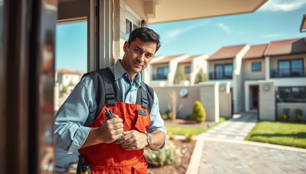A professional handyman in a smart uniform diligently working on a property maintenance task in Midrand. In the foreground, focus on the handyman repairing a door or installing fixtures, showcasing high-quality tools and equipment. In the middle ground, display a clean, well-maintained property, highlighting attractive landscaping and a welcoming entrance. In the background, include a suburban scene of Midrand, with modern residential buildings under a clear blue sky. The lighting is soft and natural, emphasizing a calm and organized atmosphere. A slight lens tilt captures the handyman's focused expression, symbolizing minimal disruption as he efficiently carries out his work, ensuring the area's upkeep without disturbing the residents. A professional handyman in a smart uniform diligently working on a property maintenance task in Midrand. In the foreground, focus on the handyman repairing a door or installing fixtures, showcasing high-quality tools and equipment. In the middle ground, display a clean, well-maintained property, highlighting attractive landscaping and a welcoming entrance. In the background, include a suburban scene of Midrand, with modern residential buildings under a clear blue sky. The lighting is soft and natural, emphasizing a calm and organized atmosphere. A slight lens tilt captures the handyman's focused expression, symbolizing minimal disruption as he efficiently carries out his work, ensuring the area's upkeep without disturbing the residents.