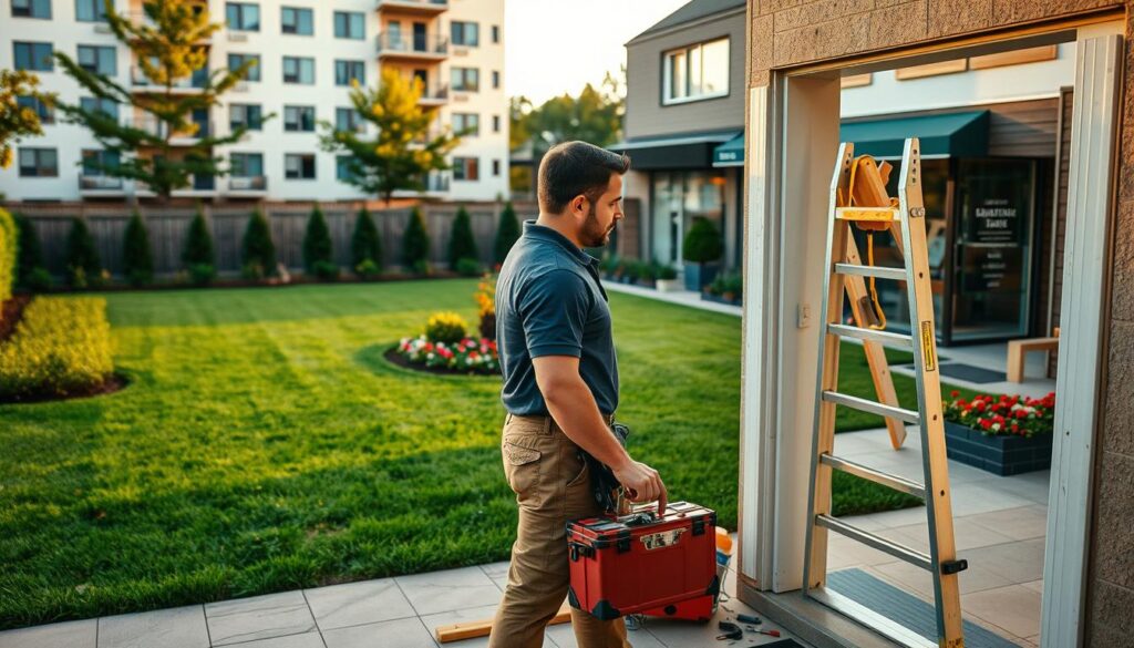 A professional handyman in a tidy, well-kept property, focused on maintenance tasks. In the foreground, the handyman, dressed in a smart polo shirt and utility trousers, is fixing a doorframe, surrounded by essential tools like a toolbox and a ladder. In the middle ground, there are well-manicured lawns and flowerbeds, demonstrating good property care. In the background, a modern apartment complex and a small business storefront highlight the diversity of properties requiring maintenance. The scene is set during late afternoon, with warm, golden sunlight casting gentle shadows, creating an inviting and productive atmosphere. The overall mood is professional and industrious, reflecting the reliable service provided to landlords and businesses. A professional handyman in a tidy, well-kept property, focused on maintenance tasks. In the foreground, the handyman, dressed in a smart polo shirt and utility trousers, is fixing a doorframe, surrounded by essential tools like a toolbox and a ladder. In the middle ground, there are well-manicured lawns and flowerbeds, demonstrating good property care. In the background, a modern apartment complex and a small business storefront highlight the diversity of properties requiring maintenance. The scene is set during late afternoon, with warm, golden sunlight casting gentle shadows, creating an inviting and productive atmosphere. The overall mood is professional and industrious, reflecting the reliable service provided to landlords and businesses.