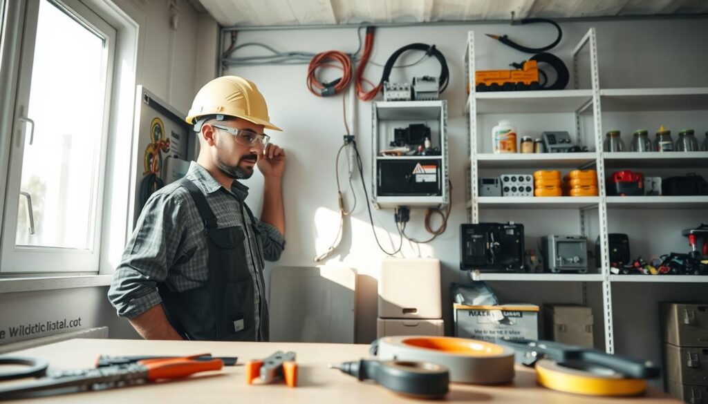 A professional handyman in a well-lit, contemporary workspace, wearing a safety helmet and safety goggles, carefully inspecting electrical wiring on a wall. In the foreground, there are neatly organized tools like wire strippers, pliers, and electrical tape on a workbench. The middle ground features a partially opened electrical panel with illuminated circuits, emphasizing safe electrical installation practices. The background showcases shelves lined with various low-voltage equipment and safety signage, creating a sense of a well-equipped work environment. Soft, natural light filters through a nearby window, casting gentle shadows and creating an inviting, focused atmosphere. The overall mood conveys professionalism, safety, and expertise in electrical installation. A professional handyman in a well-lit, contemporary workspace, wearing a safety helmet and safety goggles, carefully inspecting electrical wiring on a wall. In the foreground, there are neatly organized tools like wire strippers, pliers, and electrical tape on a workbench. The middle ground features a partially opened electrical panel with illuminated circuits, emphasizing safe electrical installation practices. The background showcases shelves lined with various low-voltage equipment and safety signage, creating a sense of a well-equipped work environment. Soft, natural light filters through a nearby window, casting gentle shadows and creating an inviting, focused atmosphere. The overall mood conveys professionalism, safety, and expertise in electrical installation.
