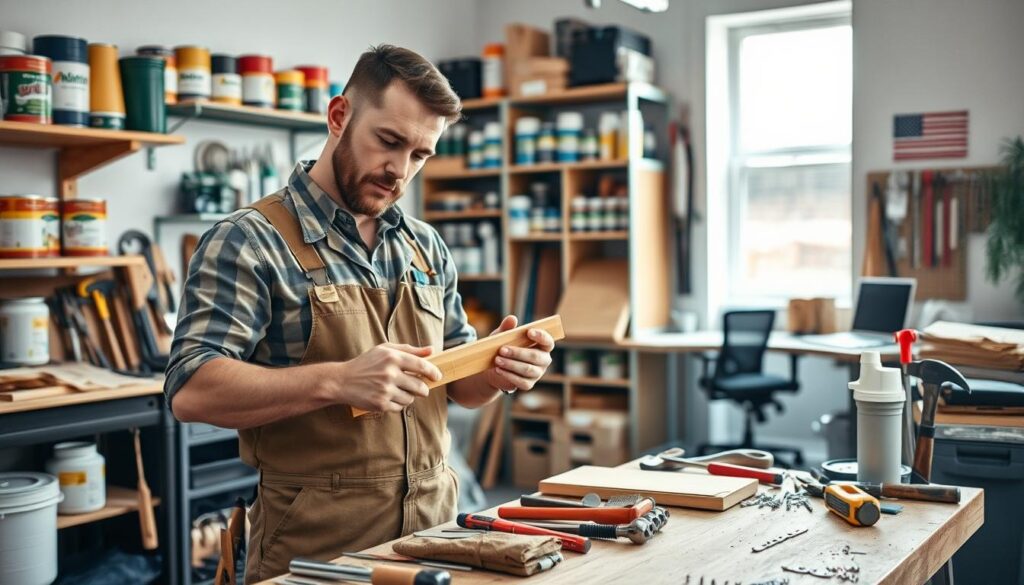A professional handyman in a well-organized workshop, surrounded by tools and materials for home and office repairs. In the foreground, a focused individual in a neat, casual work outfit is inspecting a piece of wood, while various tools like a hammer, wrench, and screwdriver are artfully arranged on a workbench. In the middle ground, shelves filled with paint cans, screws, and hardware demonstrate the breadth of handyman services available. The background features a partially visible office space with a desk and chair, suggesting the versatility of services offered for both homes and offices. Soft natural light filters in through a window, creating a warm and inviting atmosphere. The overall mood conveys reliability and professionalism, emphasizing the handyman's expertise in home repairs, office maintenance, and general upkeep. A professional handyman in a well-organized workshop, surrounded by tools and materials for home and office repairs. In the foreground, a focused individual in a neat, casual work outfit is inspecting a piece of wood, while various tools like a hammer, wrench, and screwdriver are artfully arranged on a workbench. In the middle ground, shelves filled with paint cans, screws, and hardware demonstrate the breadth of handyman services available. The background features a partially visible office space with a desk and chair, suggesting the versatility of services offered for both homes and offices. Soft natural light filters in through a window, creating a warm and inviting atmosphere. The overall mood conveys reliability and professionalism, emphasizing the handyman's expertise in home repairs, office maintenance, and general upkeep.