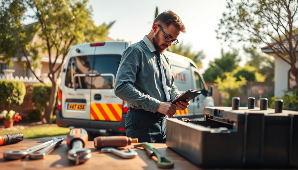 A professional handyman in business attire, inspecting a mobile maintenance unit parked outside a charming suburban home in Centurion. In the foreground, tools such as a wrench, screwdriver, and a toolbox are neatly arranged on a workbench. The middle ground features the handyman actively engaging with the mobile unit, showcasing its sleek design, with visible logos indicating maintenance services. In the background, a well-kept yard with trees and flowers creates a vibrant atmosphere. Soft, natural lighting casts gentle shadows, enhancing the professionalism and warmth of the scene. The composition is captured from a slightly elevated angle, emphasizing the handyman's dedication to quality service for busy households and property managers. The overall mood is one of reliability and efficiency, portraying effective general maintenance solutions. A professional handyman in business attire, inspecting a mobile maintenance unit parked outside a charming suburban home in Centurion. In the foreground, tools such as a wrench, screwdriver, and a toolbox are neatly arranged on a workbench. The middle ground features the handyman actively engaging with the mobile unit, showcasing its sleek design, with visible logos indicating maintenance services. In the background, a well-kept yard with trees and flowers creates a vibrant atmosphere. Soft, natural lighting casts gentle shadows, enhancing the professionalism and warmth of the scene. The composition is captured from a slightly elevated angle, emphasizing the handyman's dedication to quality service for busy households and property managers. The overall mood is one of reliability and efficiency, portraying effective general maintenance solutions.
