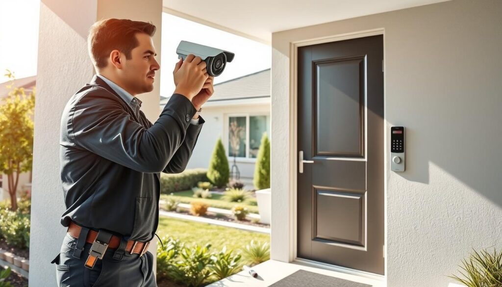 A professional handyman in business attire installing advanced security systems in a modern residential setting. In the foreground, the handyman is focused on mounting a sleek security camera with wires and tools scattered around. In the middle ground, a stylish front door with a smart lock and keypad is visible, showcasing modern security features. The background features a well-kept garden and a suburban home under bright daylight, creating an inviting yet secure atmosphere. Soft shadows highlight the details, and the image is captured with a slightly wide-angle lens to enhance the sense of space. The overall mood conveys peace of mind and professionalism, reflecting the importance of security upgrades for homeowners. A professional handyman in business attire installing advanced security systems in a modern residential setting. In the foreground, the handyman is focused on mounting a sleek security camera with wires and tools scattered around. In the middle ground, a stylish front door with a smart lock and keypad is visible, showcasing modern security features. The background features a well-kept garden and a suburban home under bright daylight, creating an inviting yet secure atmosphere. Soft shadows highlight the details, and the image is captured with a slightly wide-angle lens to enhance the sense of space. The overall mood conveys peace of mind and professionalism, reflecting the importance of security upgrades for homeowners.