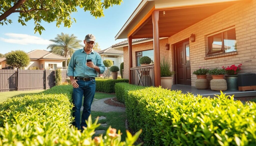 A professional handyman in modest casual clothing is inspecting a well-maintained suburban garden in Johannesburg South. In the foreground, vibrant green plants, neatly trimmed hedges, and colorful flowers burst with life, showcasing the commitment to property maintenance. The middle ground features a meticulously cared-for lawn and a wooden porch adorned with potted plants, emphasizing a welcoming atmosphere. In the background, distinct South African architecture under a clear blue sky sets the scene, with soft, natural sunlight casting gentle shadows. The overall mood is inviting and professional, reflecting trust and quality service in property maintenance. Use a wide-angle lens to capture both the details of the garden and the atmosphere of the neighborhood, creating a warm, sunny ambiance. A professional handyman in modest casual clothing is inspecting a well-maintained suburban garden in Johannesburg South. In the foreground, vibrant green plants, neatly trimmed hedges, and colorful flowers burst with life, showcasing the commitment to property maintenance. The middle ground features a meticulously cared-for lawn and a wooden porch adorned with potted plants, emphasizing a welcoming atmosphere. In the background, distinct South African architecture under a clear blue sky sets the scene, with soft, natural sunlight casting gentle shadows. The overall mood is inviting and professional, reflecting trust and quality service in property maintenance. Use a wide-angle lens to capture both the details of the garden and the atmosphere of the neighborhood, creating a warm, sunny ambiance.