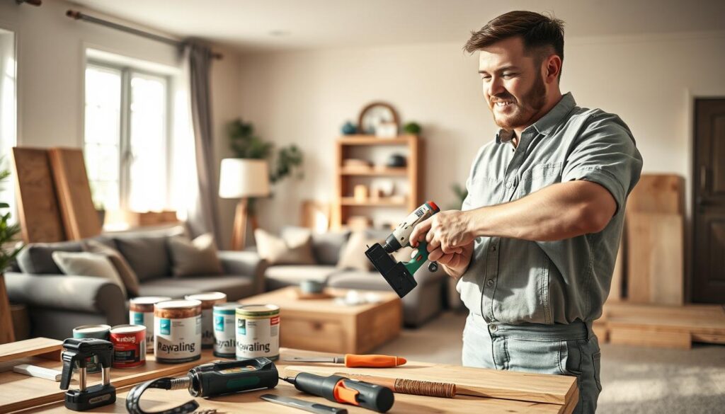 A professional handyman in modest casual clothing, skillfully working on home improvement tasks in a cozy, well-lit living room. The foreground features a close-up of the handyman holding a power drill, with various tools organized neatly on a workbench. In the middle ground, an assortment of home improvement materials, like paint cans and wood planks, is visible, hinting at ongoing projects. The background showcases a stylish and inviting interior, with natural light streaming in through large windows, creating a warm and approachable atmosphere. The angle is slightly tilted to give depth to the scene, with soft shadows enhancing details. Overall, the mood is industrious yet friendly, reflecting efficient service and reliability. A professional handyman in modest casual clothing, skillfully working on home improvement tasks in a cozy, well-lit living room. The foreground features a close-up of the handyman holding a power drill, with various tools organized neatly on a workbench. In the middle ground, an assortment of home improvement materials, like paint cans and wood planks, is visible, hinting at ongoing projects. The background showcases a stylish and inviting interior, with natural light streaming in through large windows, creating a warm and approachable atmosphere. The angle is slightly tilted to give depth to the scene, with soft shadows enhancing details. Overall, the mood is industrious yet friendly, reflecting efficient service and reliability.