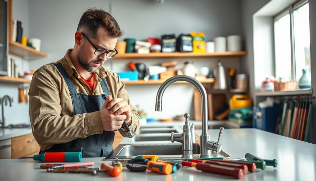 A professional handyman in modest work attire is actively repairing a leaky faucet in a modern kitchen setting. In the foreground, the handyman is focused on using a wrench, surrounded by tools like screwdrivers and pliers neatly arranged on a countertop. In the middle ground, a well-equipped workshop area shows shelves stocked with various repair supplies and a colorful assortment of home improvement materials. The background features bright, natural light filtering through a window, illuminating the space and creating a warm, inviting atmosphere. The scene conveys a sense of expertise, reliability, and the satisfaction of home upkeep, ideal for representing handyman services in Pretoria East. A professional handyman in modest work attire is actively repairing a leaky faucet in a modern kitchen setting. In the foreground, the handyman is focused on using a wrench, surrounded by tools like screwdrivers and pliers neatly arranged on a countertop. In the middle ground, a well-equipped workshop area shows shelves stocked with various repair supplies and a colorful assortment of home improvement materials. The background features bright, natural light filtering through a window, illuminating the space and creating a warm, inviting atmosphere. The scene conveys a sense of expertise, reliability, and the satisfaction of home upkeep, ideal for representing handyman services in Pretoria East.