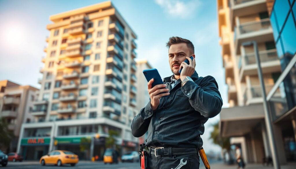 A professional handyman in smart casual attire, exuding determination and efficiency, is receiving a call on his smartphone in a busy urban setting in Brakpan. In the foreground, feature a close-up of the handyman looking focused and ready to assist, with tools like a wrench and a toolbox visible at his feet. The middle ground captures a vibrant street scene, showcasing a mix of residential and commercial buildings, indicating the diverse clientele he serves. In the background, have a clear blue sky with soft, warm lighting of an afternoon sun, creating an inviting atmosphere. The overall mood should convey urgency and reliability, reflecting the spirit of fast response maintenance services. A professional handyman in smart casual attire, exuding determination and efficiency, is receiving a call on his smartphone in a busy urban setting in Brakpan. In the foreground, feature a close-up of the handyman looking focused and ready to assist, with tools like a wrench and a toolbox visible at his feet. The middle ground captures a vibrant street scene, showcasing a mix of residential and commercial buildings, indicating the diverse clientele he serves. In the background, have a clear blue sky with soft, warm lighting of an afternoon sun, creating an inviting atmosphere. The overall mood should convey urgency and reliability, reflecting the spirit of fast response maintenance services.